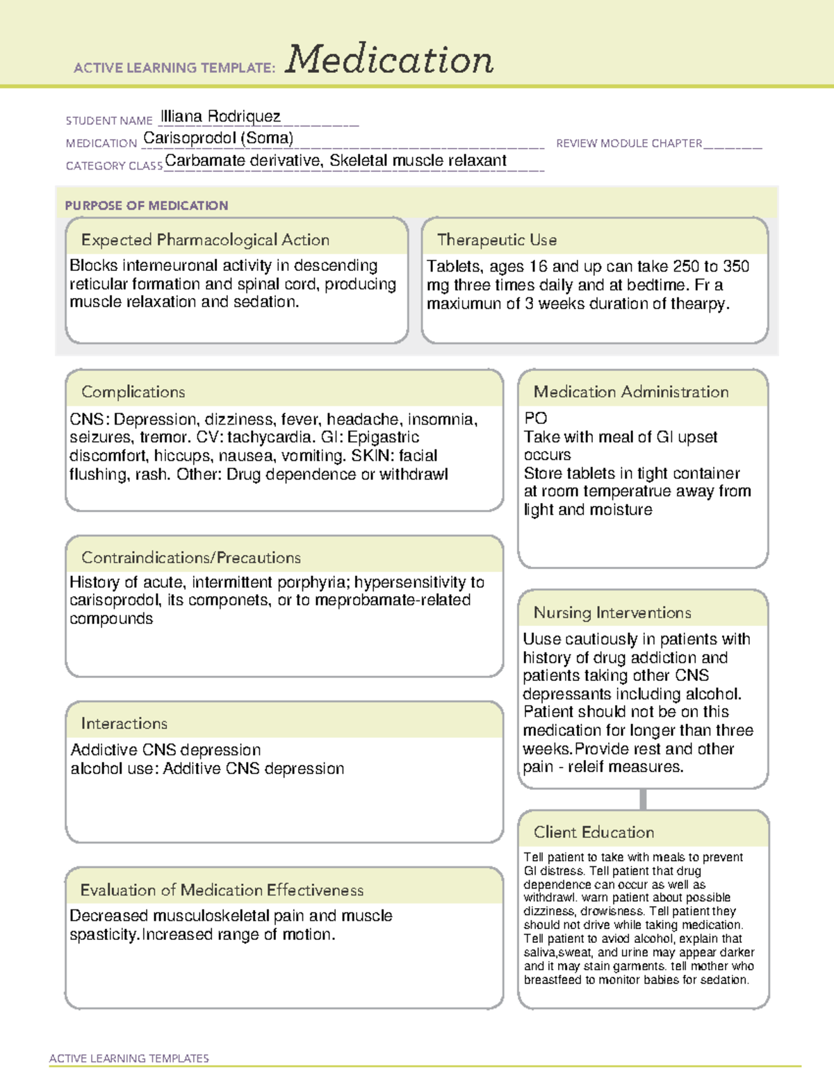 ATI medication card - ACTIVE LEARNING TEMPLATES Medication STUDENT NAME ...