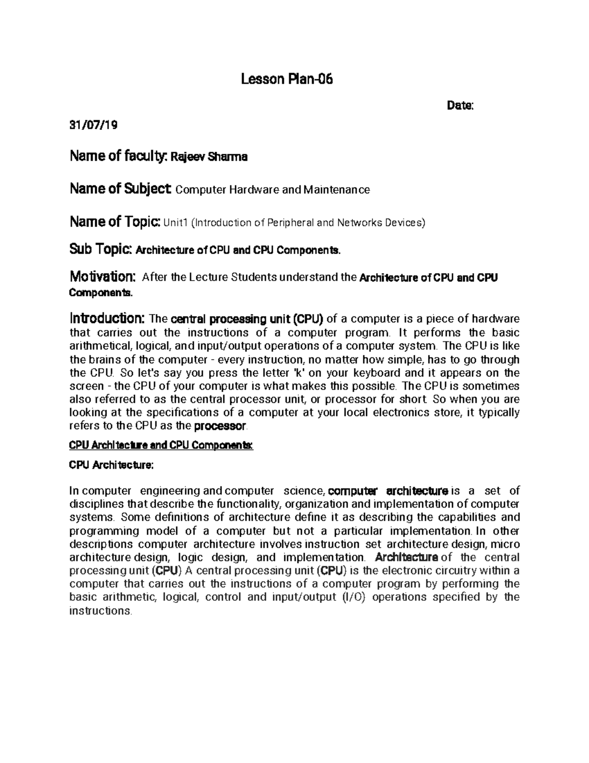 Lecture notes Lesson Computer Hardware and Maintenance Notes - Computer ...