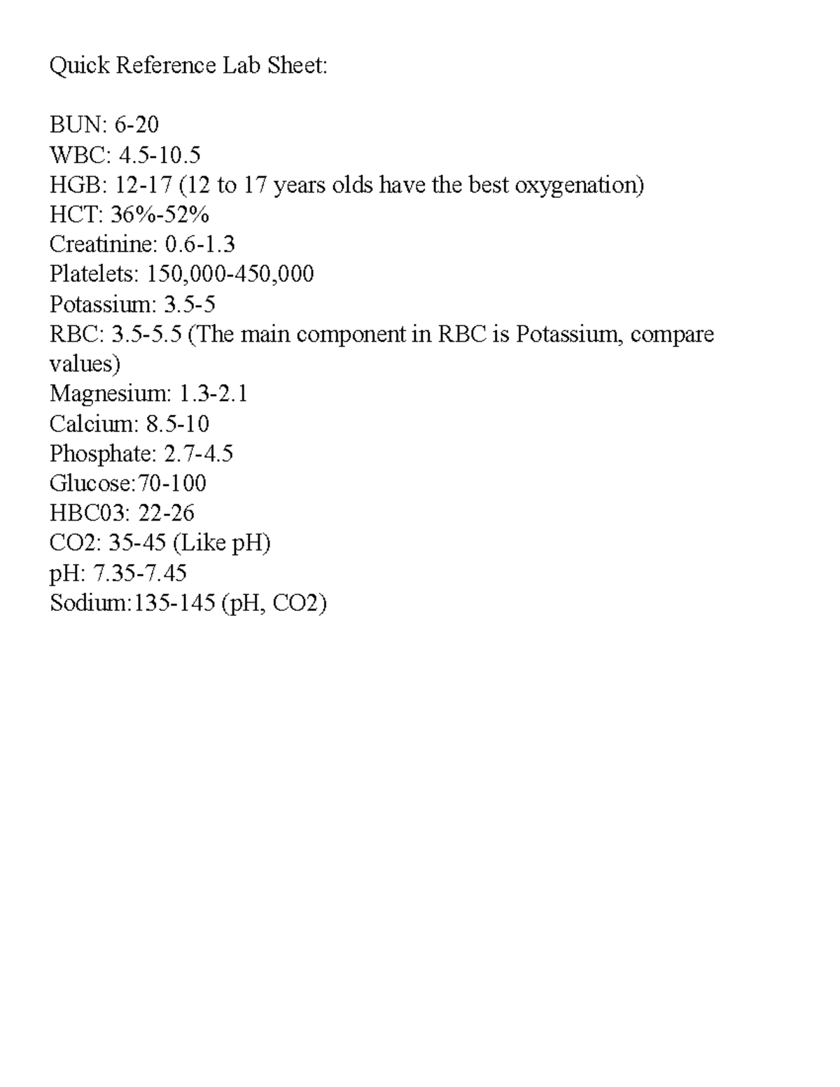 Quick Labs Lab value refresher NSG 252 Quick Reference Lab Sheet