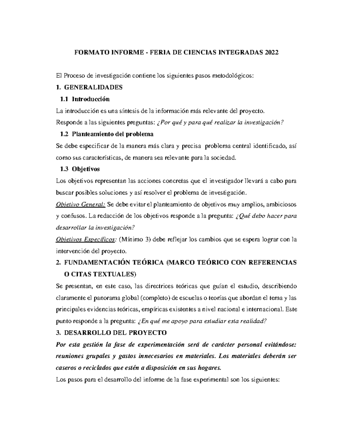 Formato Feria DE Ciencias Integradas 2022 - FORMATO INFORME - FERIA DE ...