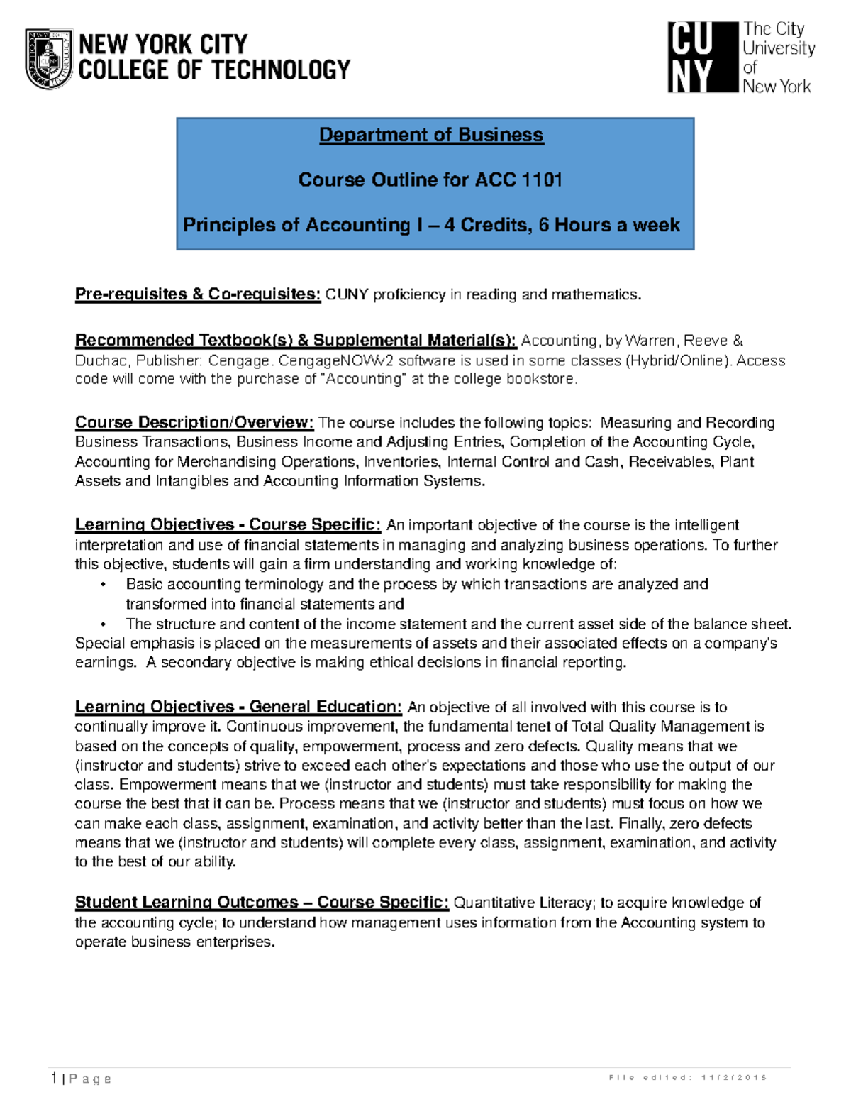 ACC 1101 Course outline - Pre-requisites & Co-requisites: CUNY ...