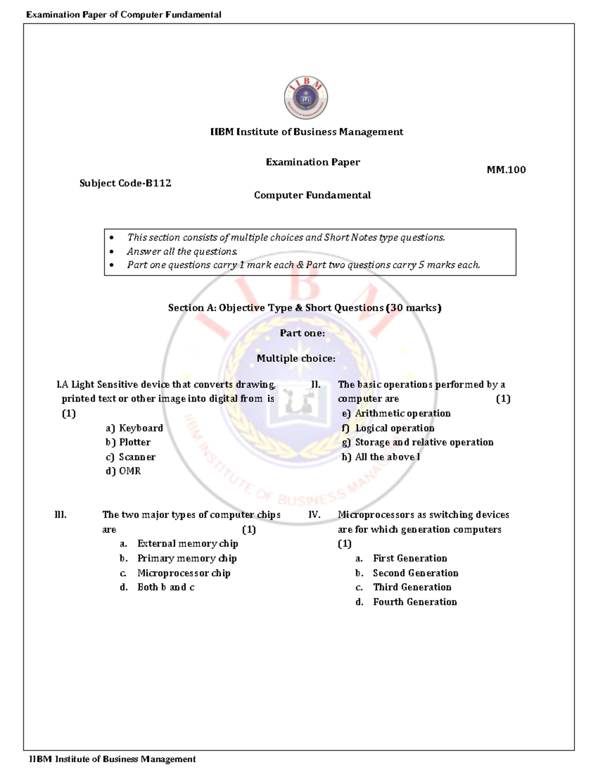 Computer Fundamental Exam papers This section consists of multiple