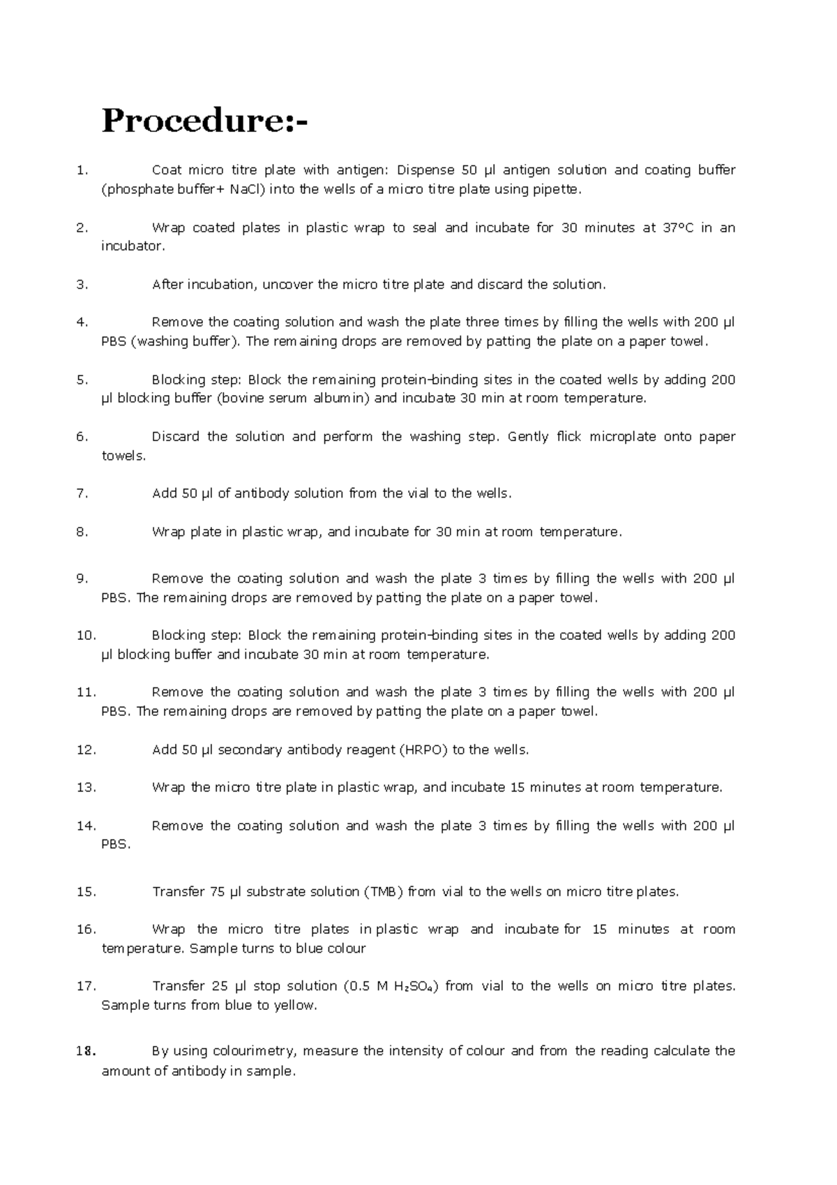 Elisa Test to detect hiv Procedure Coat micro titre plate with