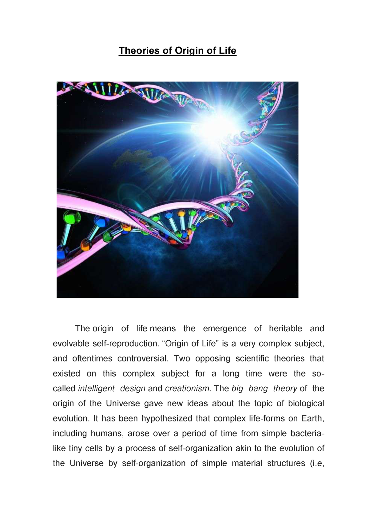 theories on the origin of life essay 300 words