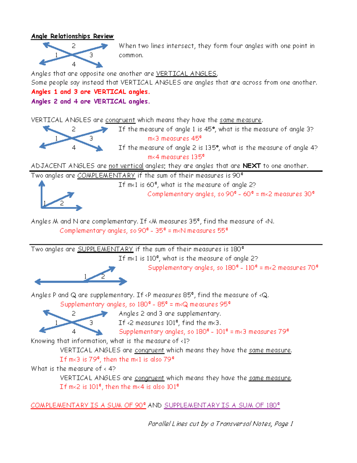 Parallel Lines cut by a Transversal Notes Angle Relationships Review