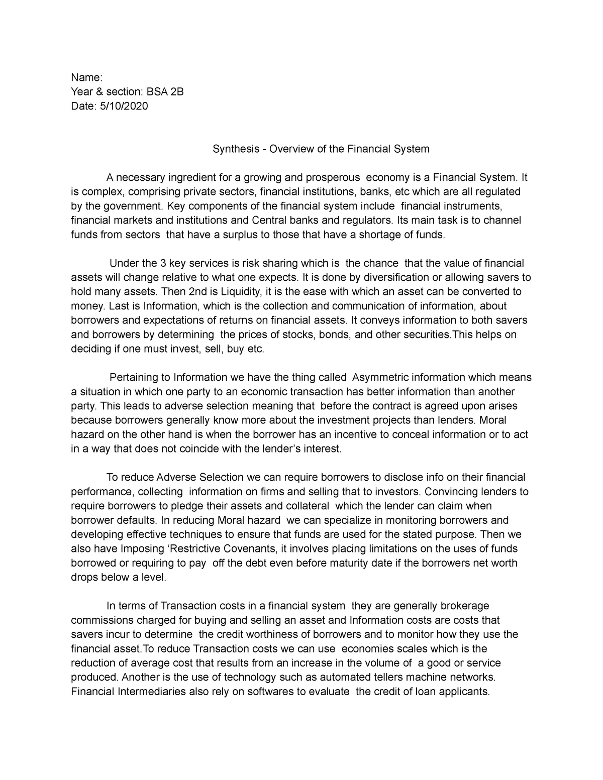 Overview of financial system Synthesis - Name: Year & section: BSA 2B ...