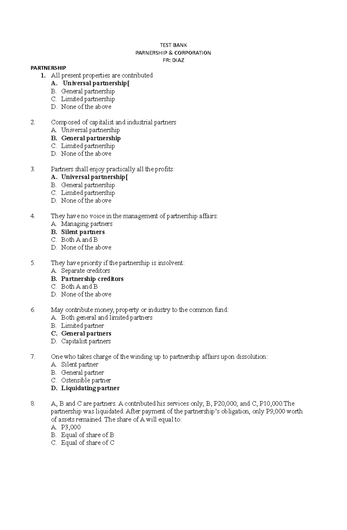 326099105 Test Bank Law 2 Diaz - TEST BANK PARNERSHIP & CORPORATION FR ...