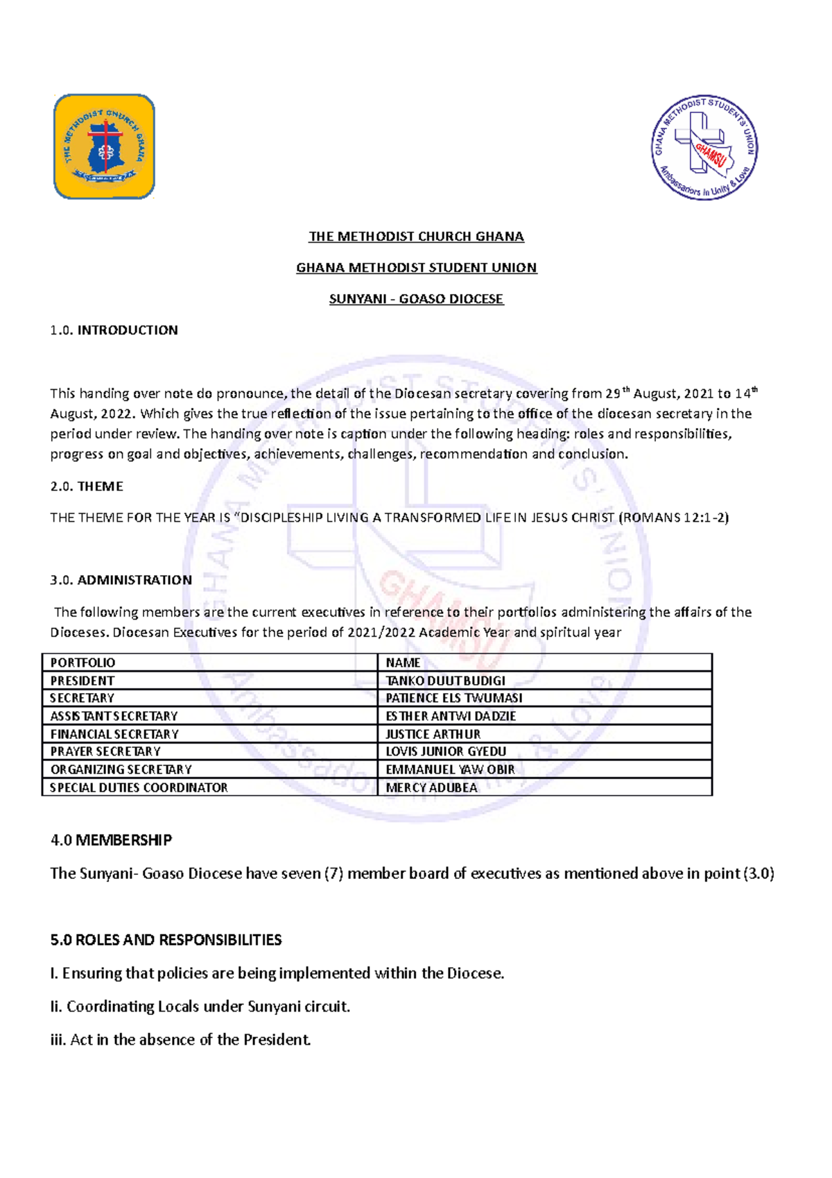 Handing OVER NOTE THE METHODIST CHURCH GHANA GHANA METHODIST STUDENT