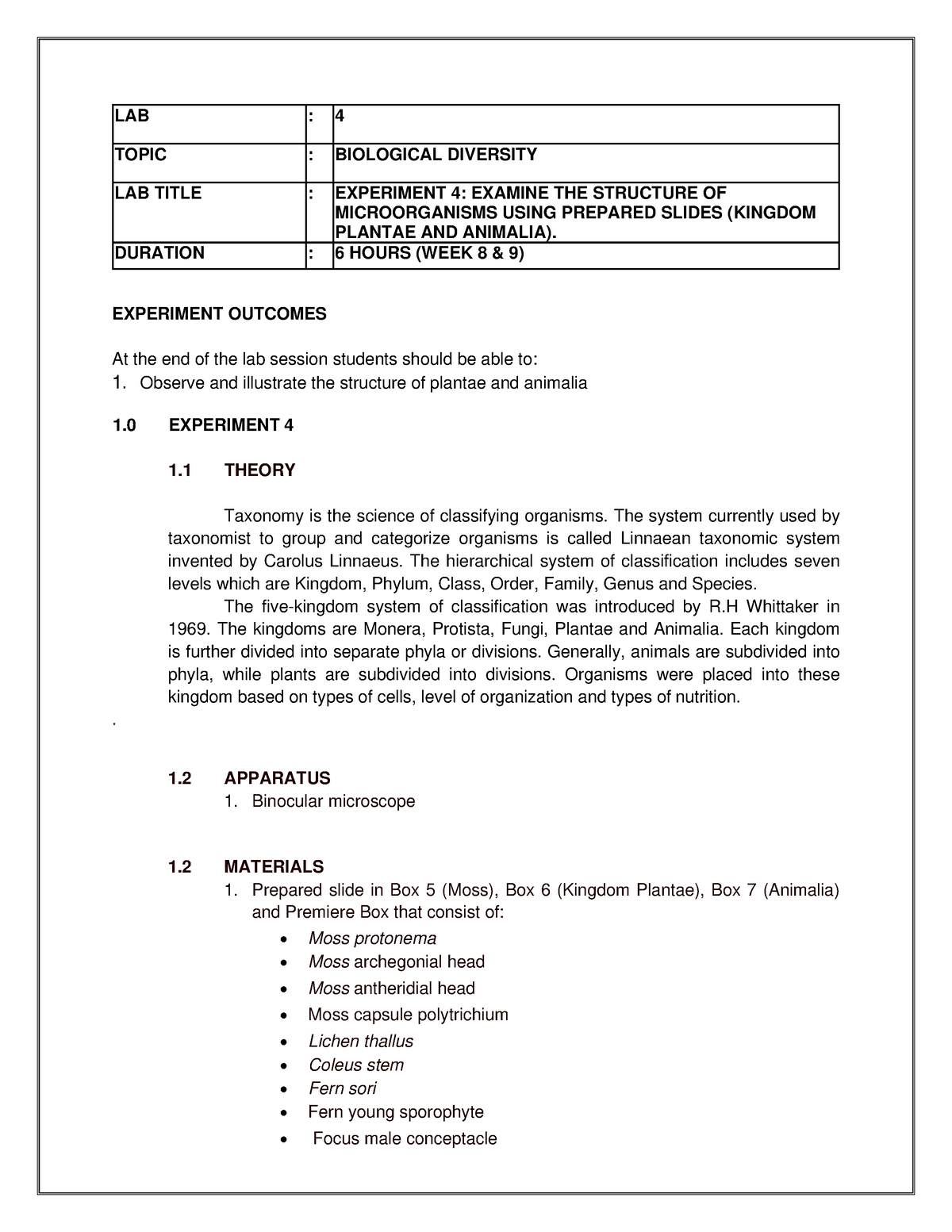 LAB Manual DYB10013 Biology OF Organism - LAB : 4 TOPIC : BIOLOGICAL ...