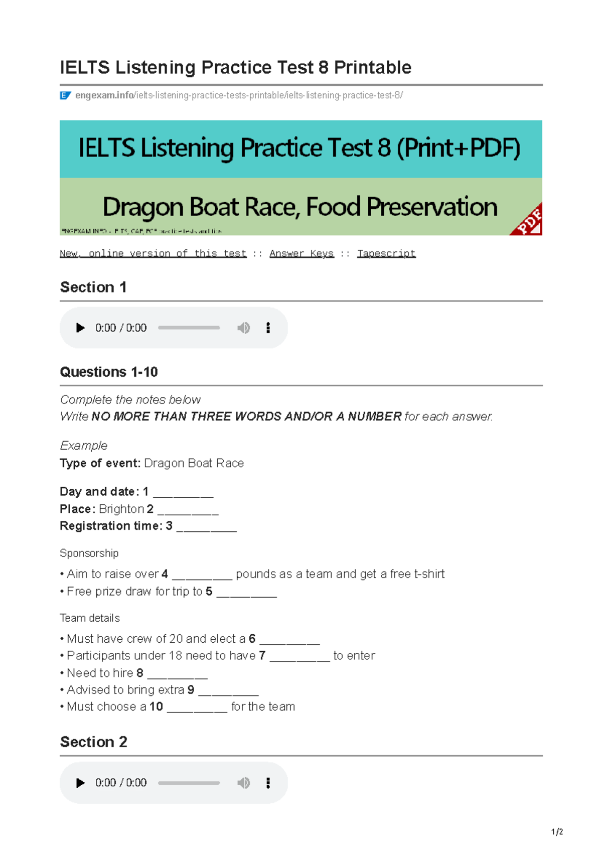 Engexam.info- Ielts Listening Practice Test 8 Printable - 1/ IELTS ...