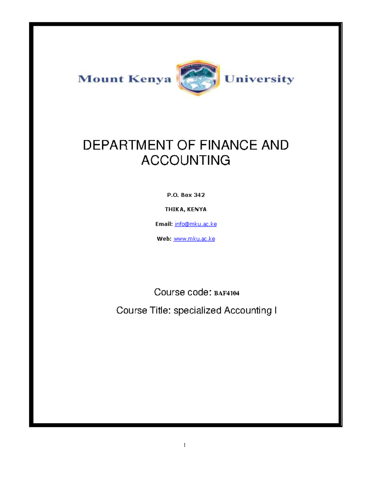 BAF4104 Specialised Accounting I DEPARTMENT OF FINANCE AND ACCOUNTING