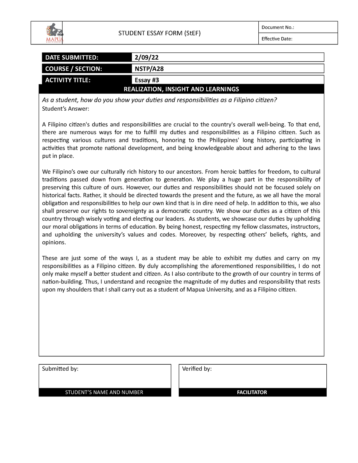 Form - NSTP1 00 Essay 3 - STUDENT ESSAY FORM (StEF) Document No ...