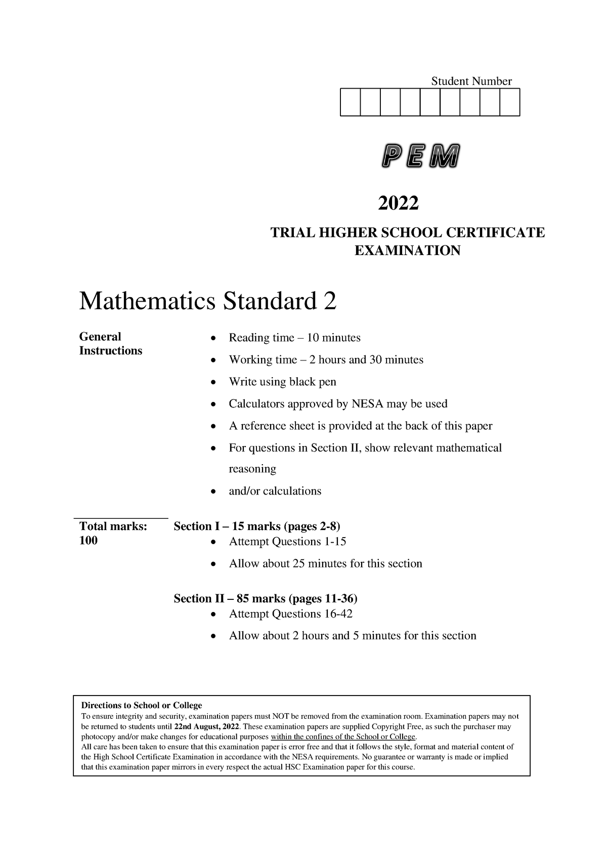 PEM 2022 Mathematics Standard 2 Trial HSC Examination Paper - Student ...