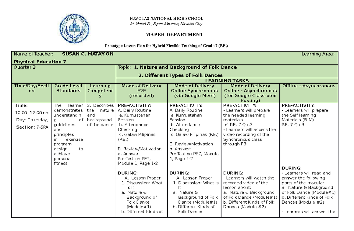 Prototype Lesson Plan for Hybrid Flexible Teaching Mapeh 7 Output Day3 