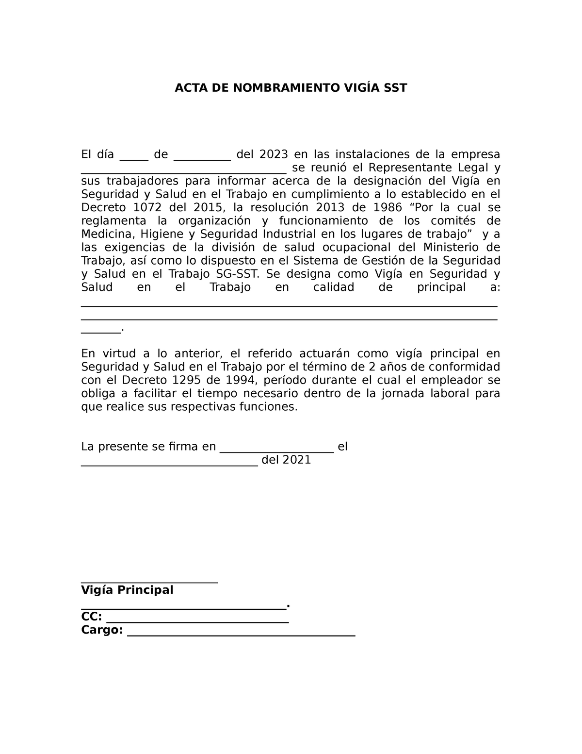 Acta De Nombramiento Vigía Sst Acta De Nombramiento VigÍa Sst El Día