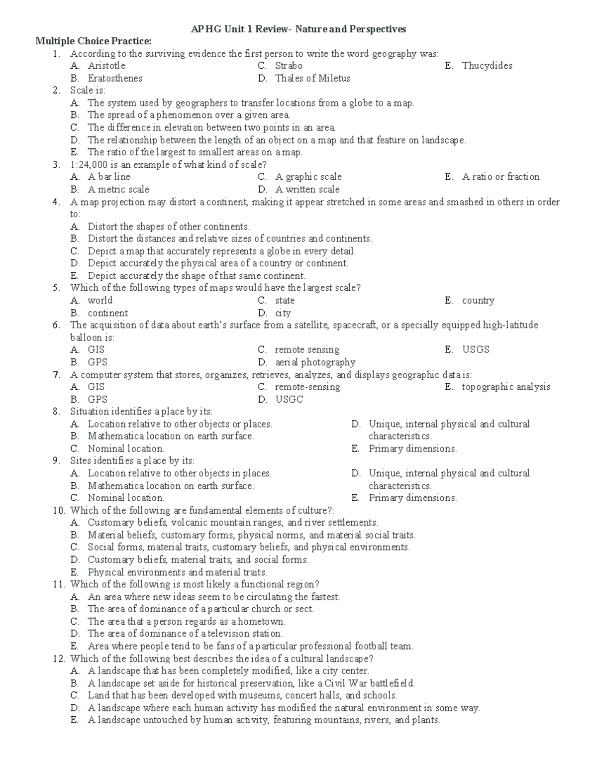 APHG Multiple Choice Practice by Unit - APHG Unit 1 Review- Nature and ...