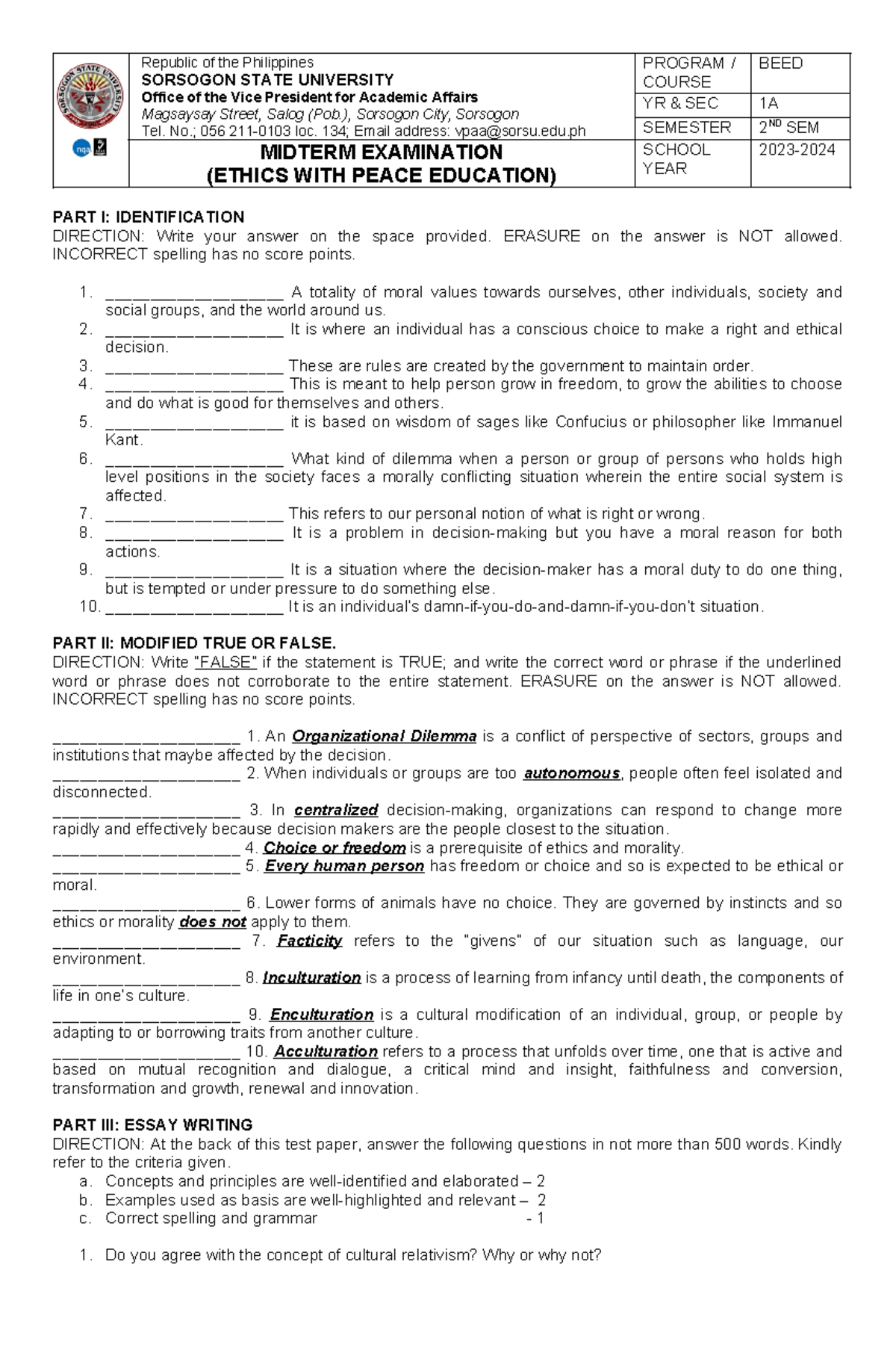 Ethics Midterm Exam Republic Of The Philippines Sorsogon State