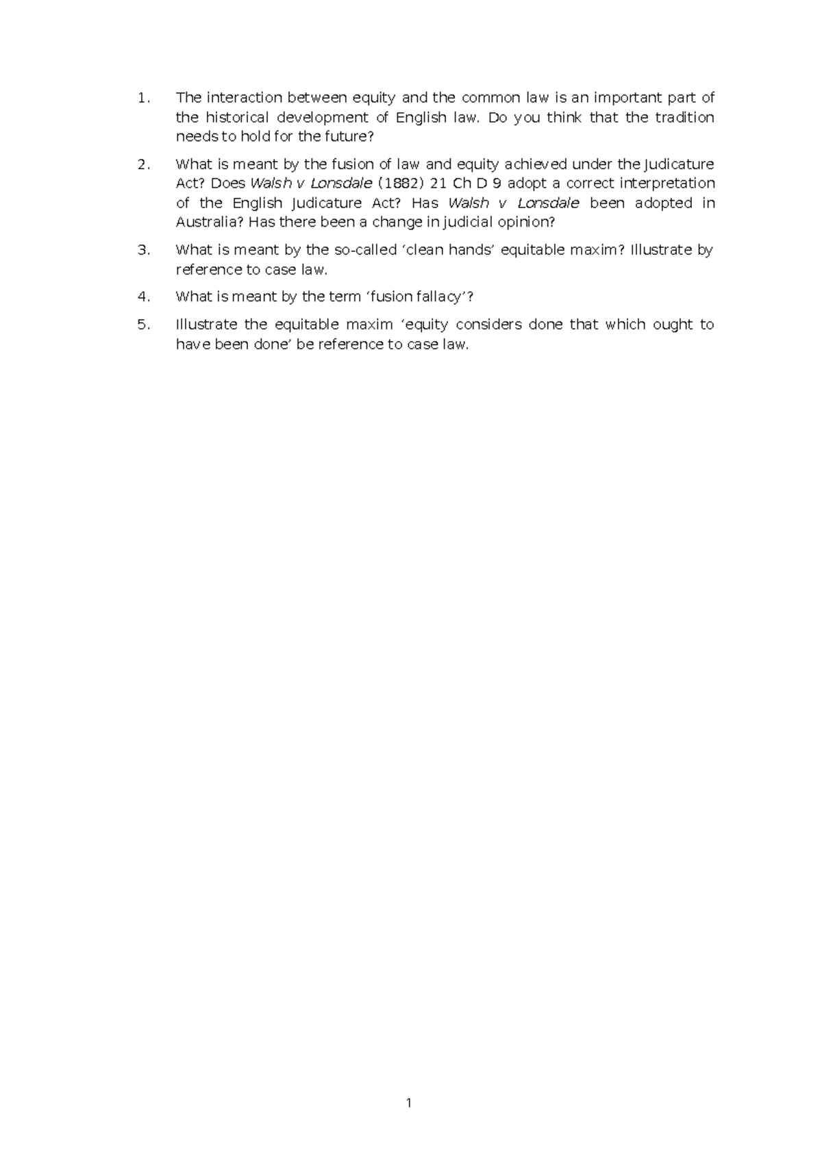 Tutorial Topic ONE - The interaction between equity and the common law ...