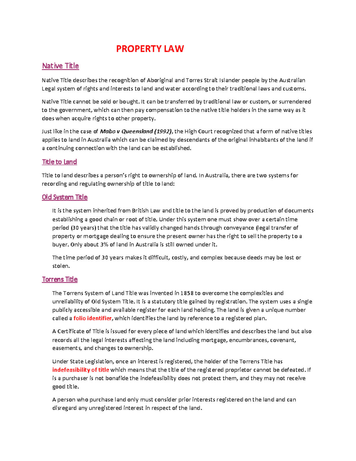 Property Law - Lecture notes 4-5 - PROPERTY LAW Native Title Native ...