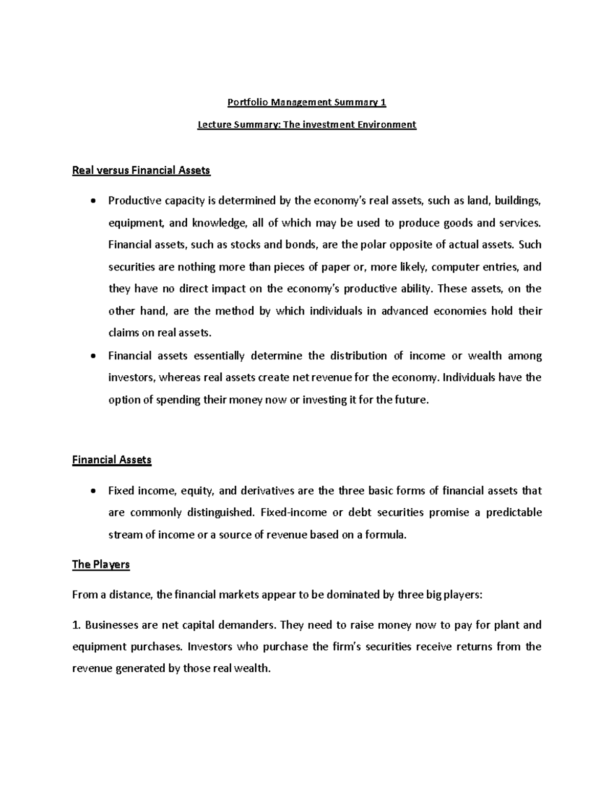 Portfolio Management Summary 1 -The Investment Environment - Portfolio ...