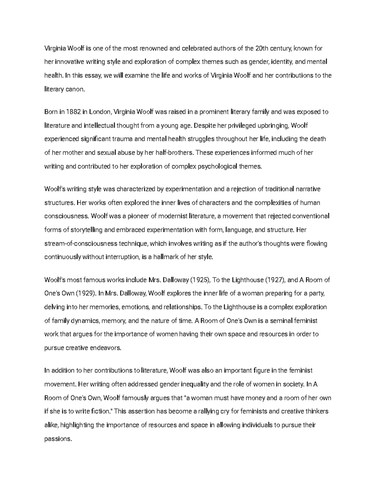 Virginia woolf essay Virginia Woolf is one of the most renowned and
