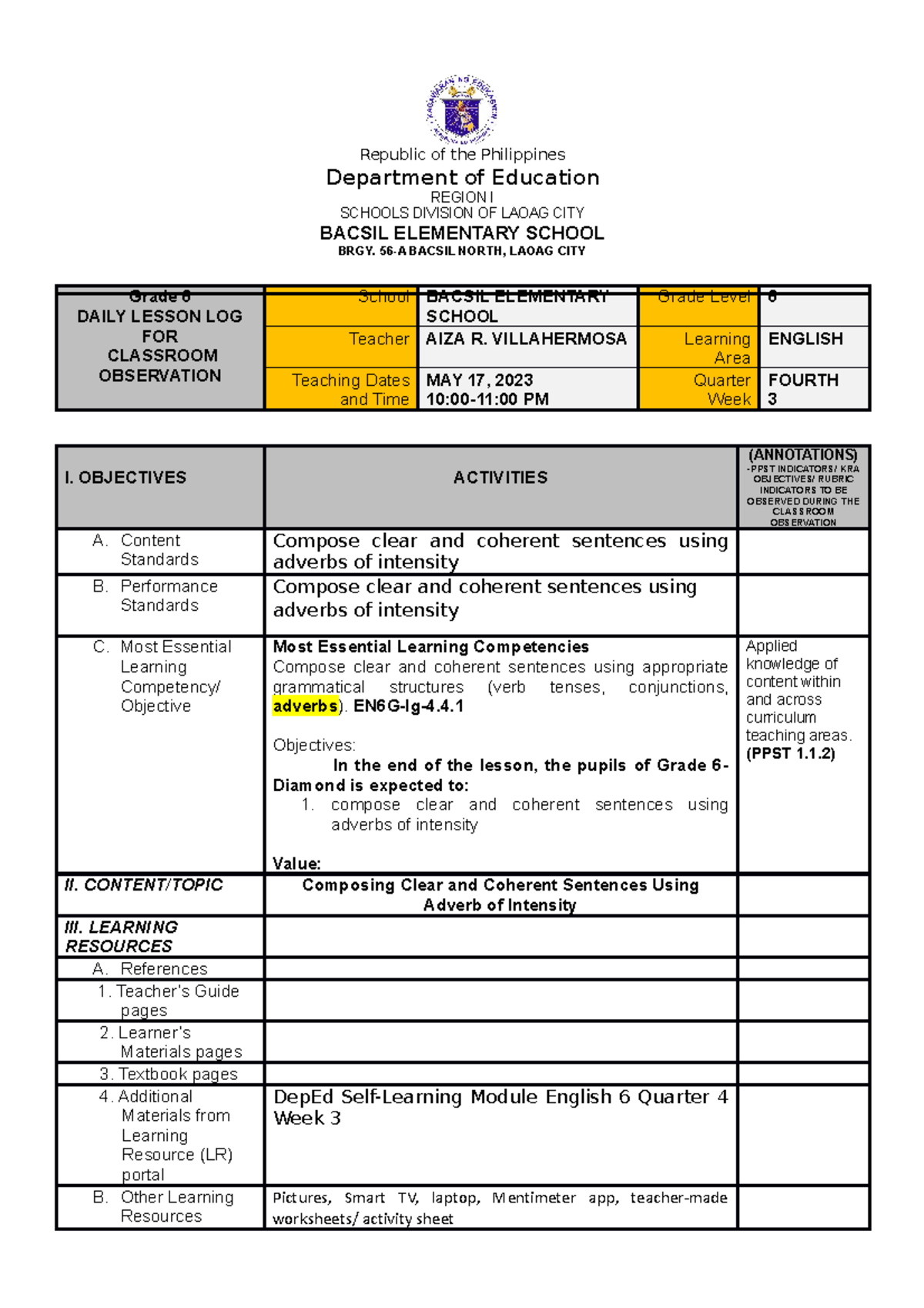 COTQ4W3 English 6 Compose clear and coherent sentences using