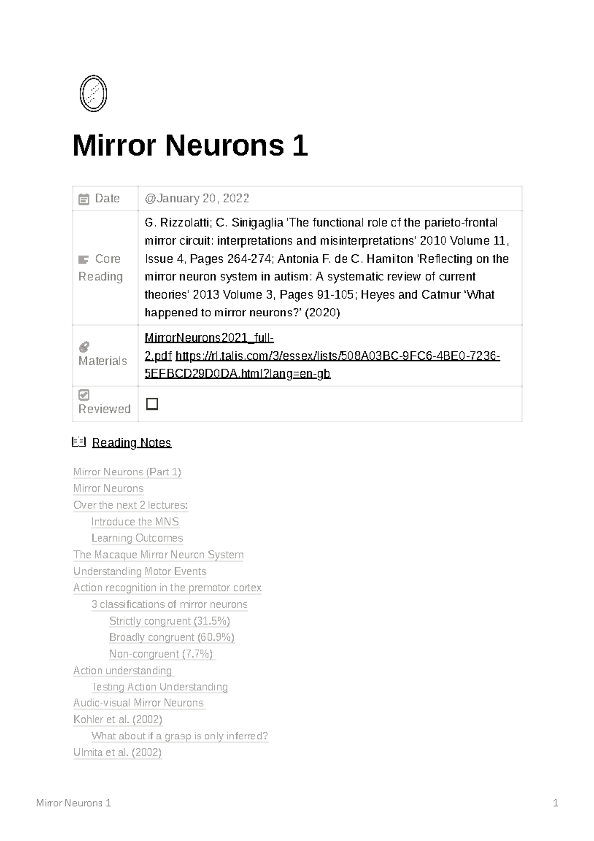 Mirror Neurons 1 Lecture notes Mirror Neurons 1 Date Core Reading G