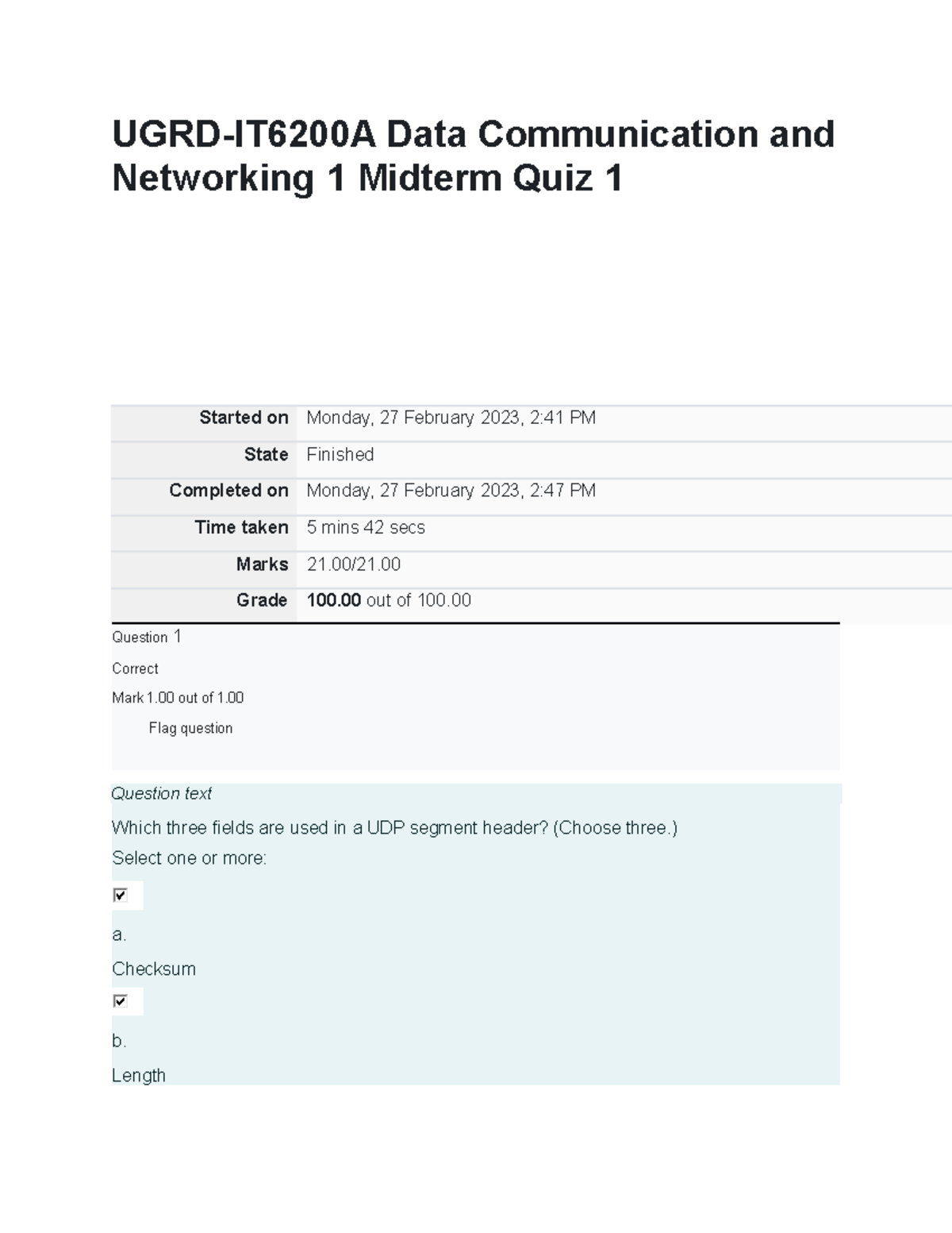 UGRD-IT6200A Data Communication And Networking 1 Midterm Quiz 1 ...