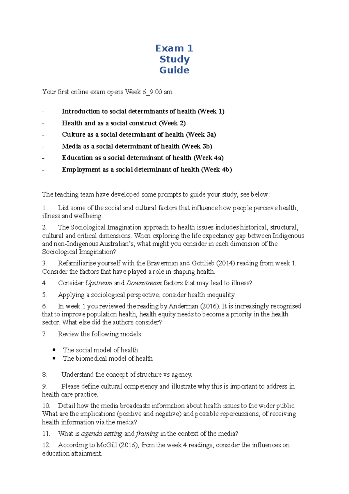 Exam 1 Study Guide social determinant of health - BESC1072 - RMIT ...
