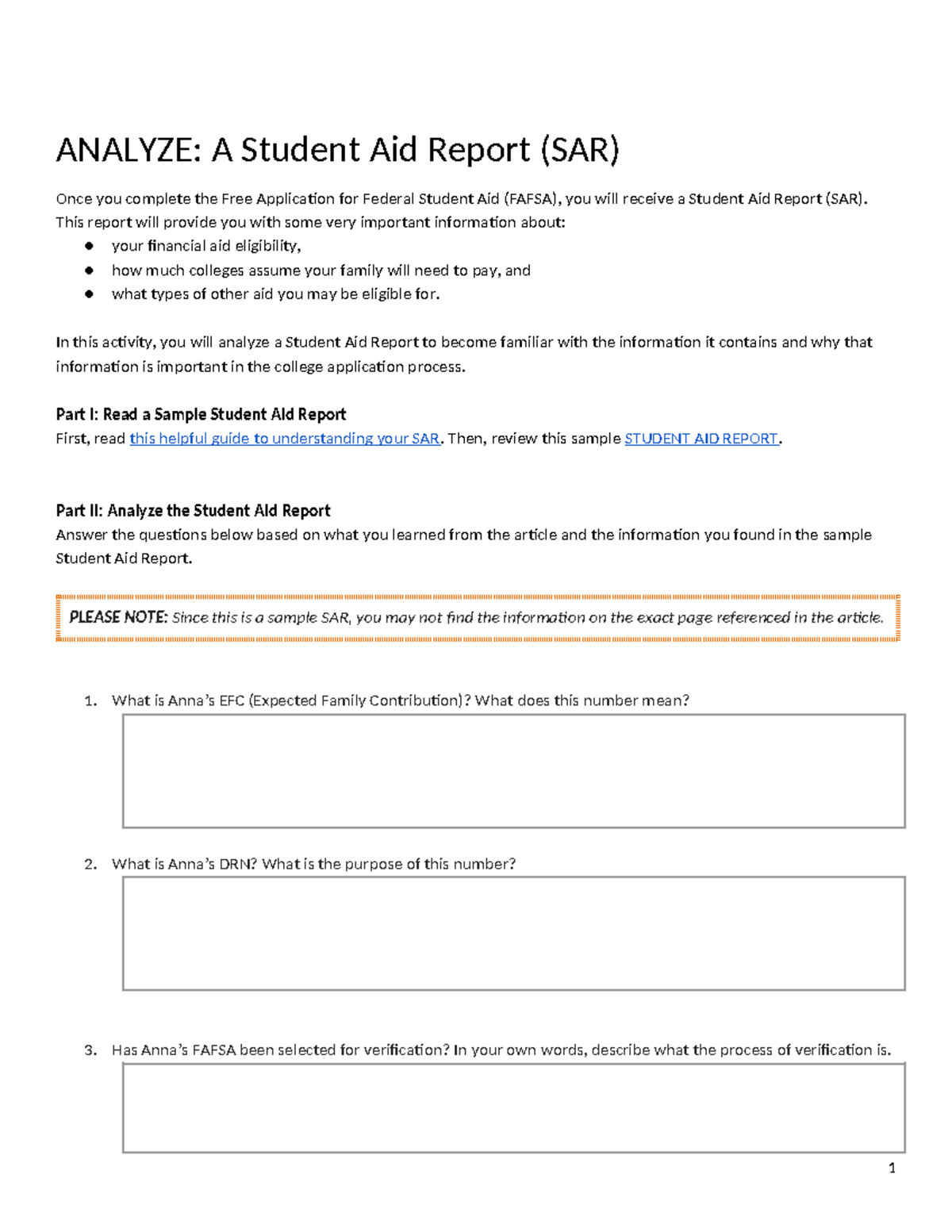 SAR Cool Down WS - i dont know - ANALYZE: A Student Aid Report (SAR ...
