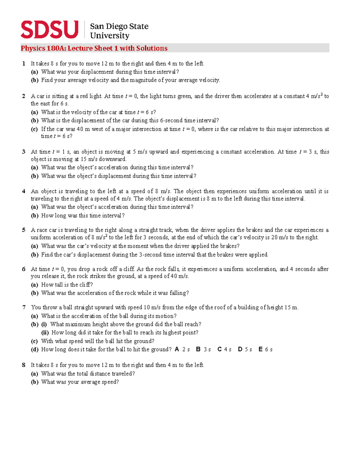 Physics 180A-Lecture Sheet 1 with Solutions - Physics 180A: Lecture ...