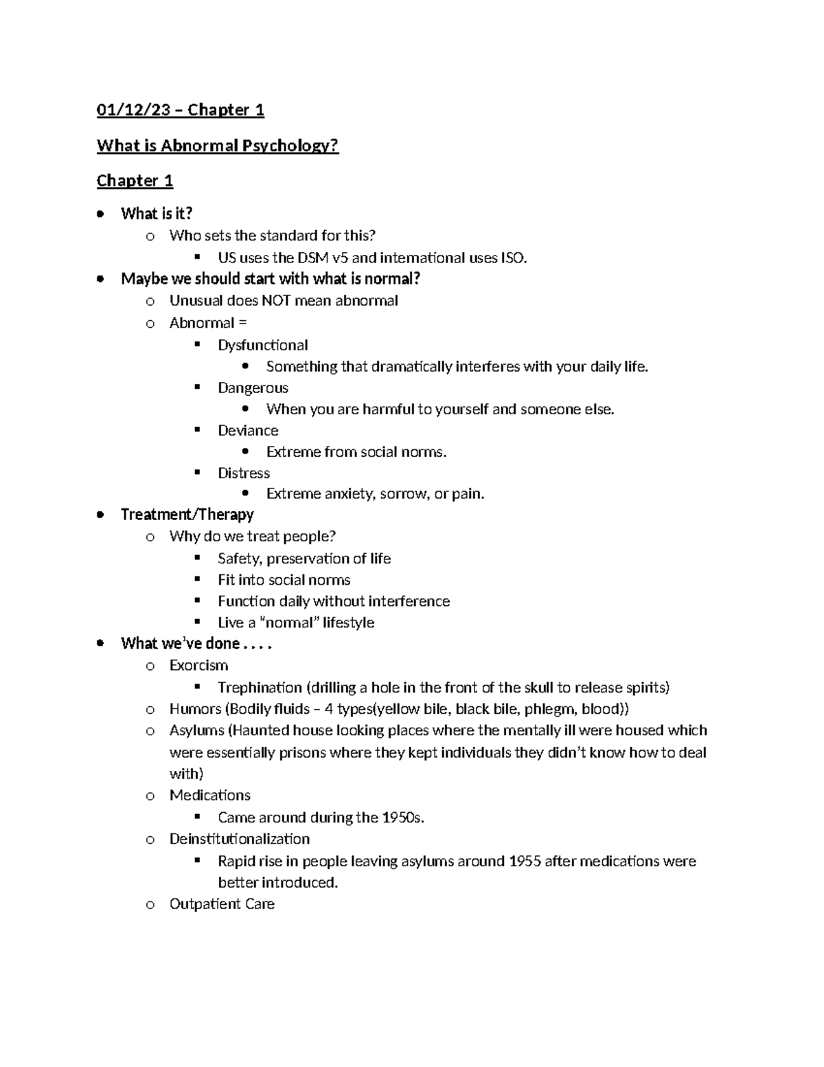 Notes 01-12-23 - 01/12/23 – Chapter 1 What is Abnormal Psychology ...