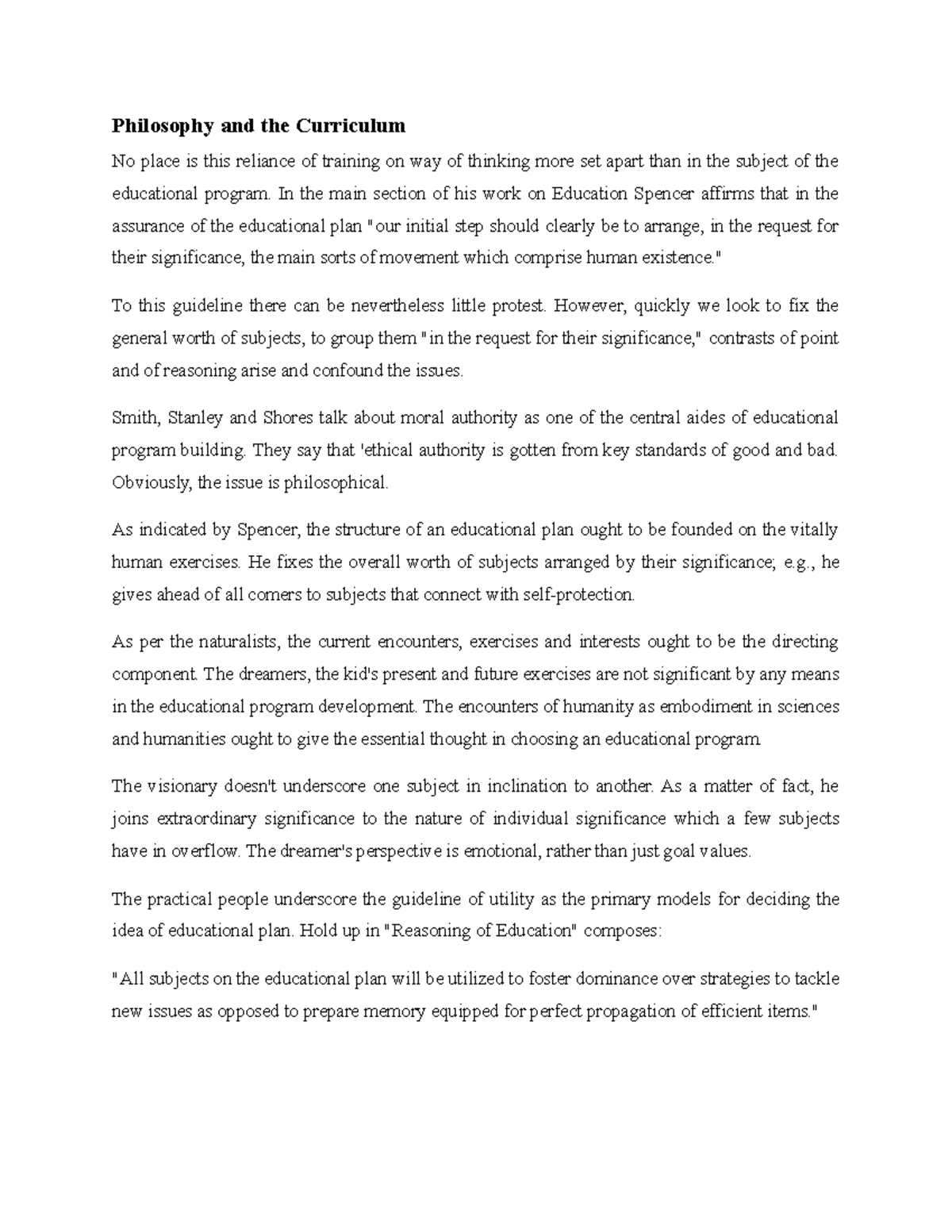 Philosophy and the Curriculum In the main section of his work on