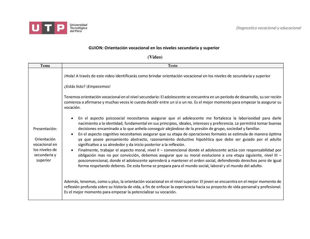 Semana 7 - Guion - Orientación vocacional en los niveles de secundaria y  superior - Diagnostico - Studocu