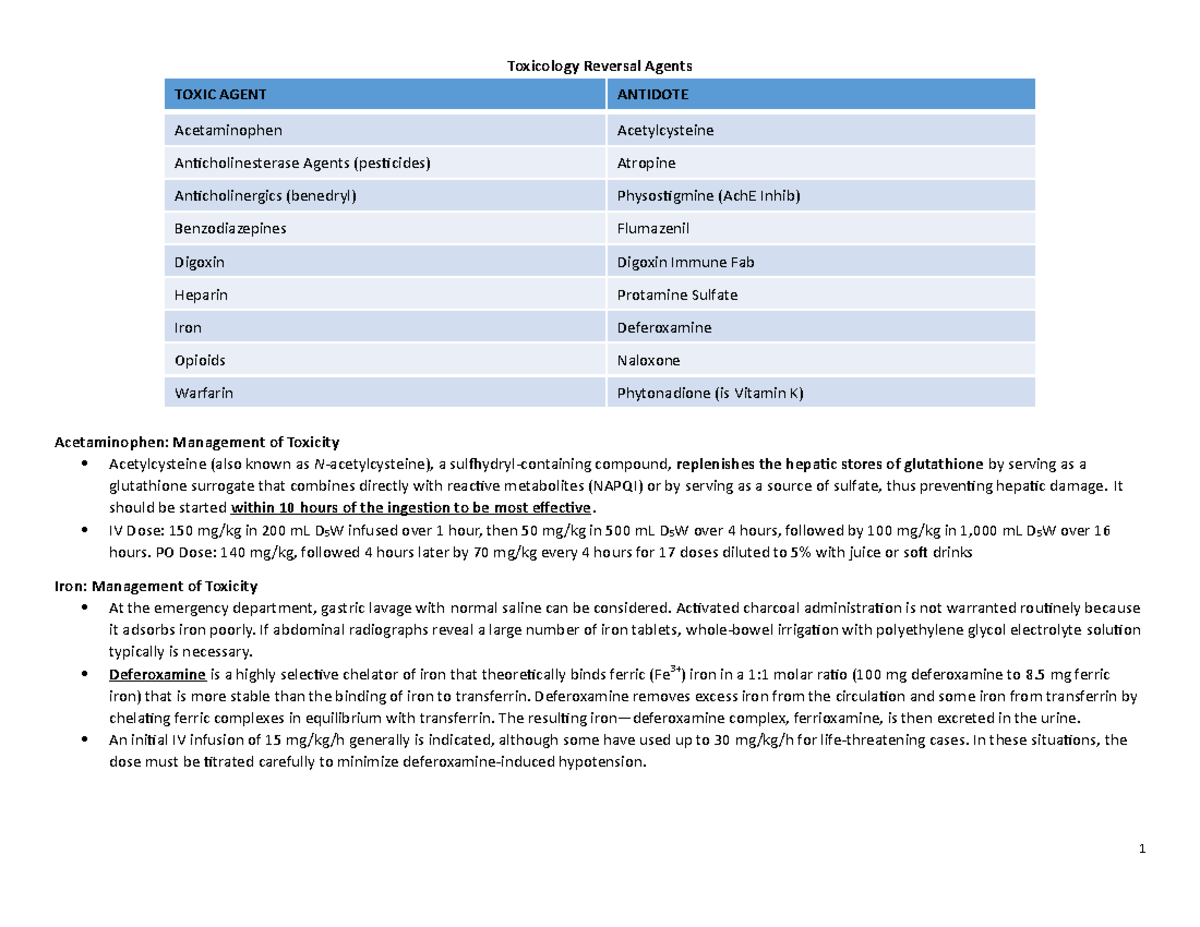 Toxicology Reversal Agents Toxicology Reversal Agents TOXIC AGENT