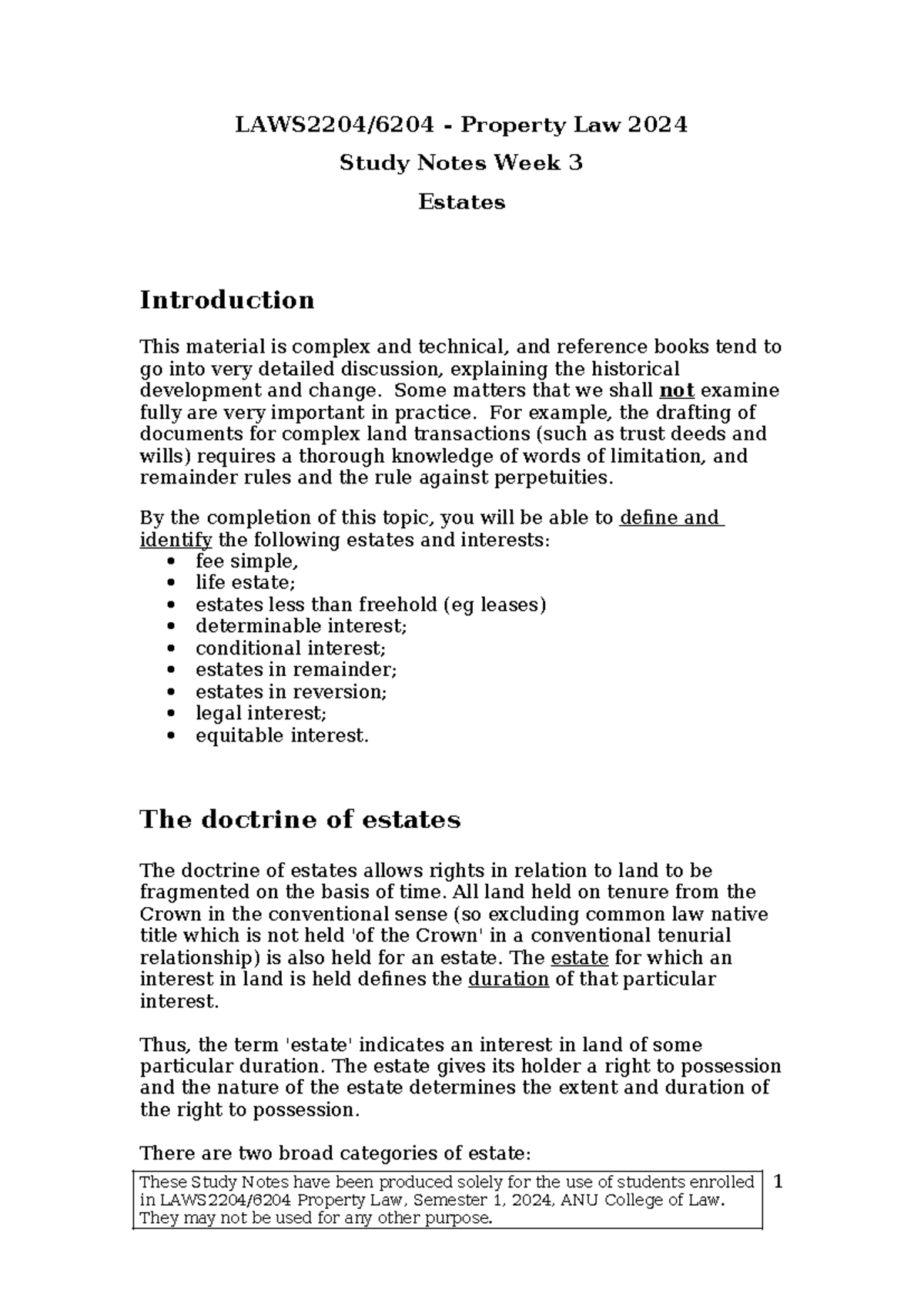 Week 3 study notes estates 2024 - LAWS2204/6204 - Property Law 2024 ...