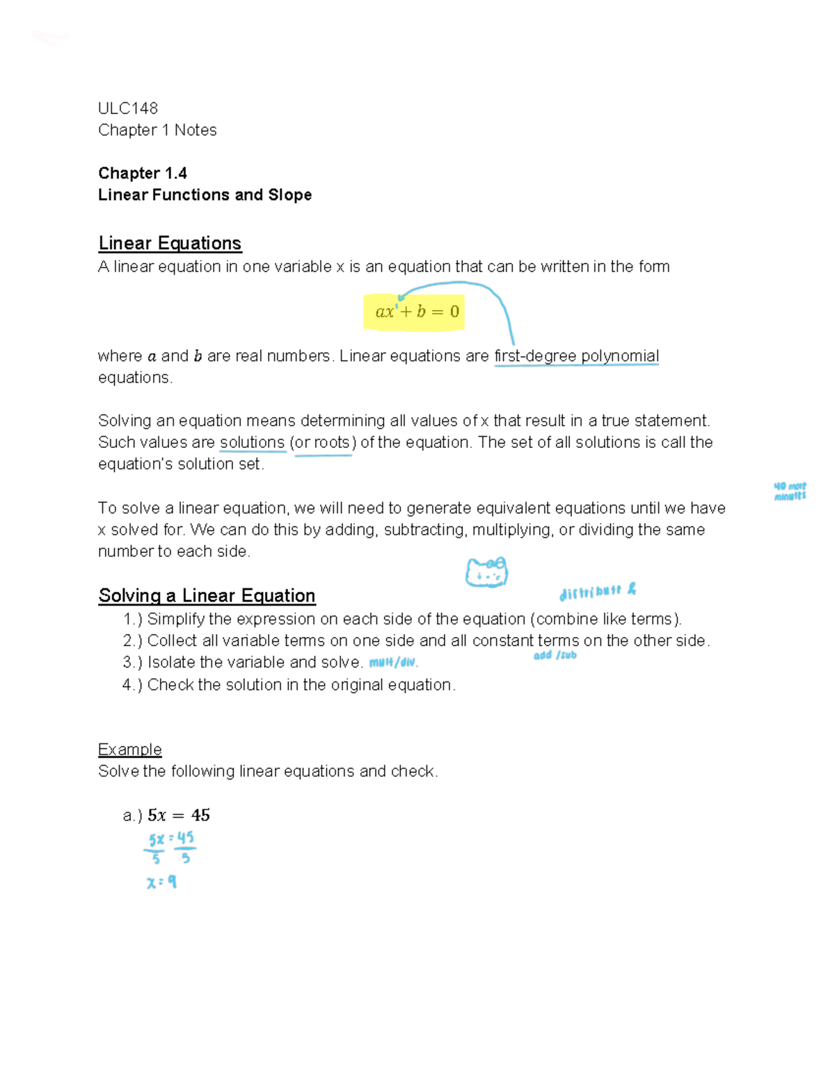 ULC148Ch1 - notes - ULC Chapter 1 Notes Chapter 1. Linear Functions and ...