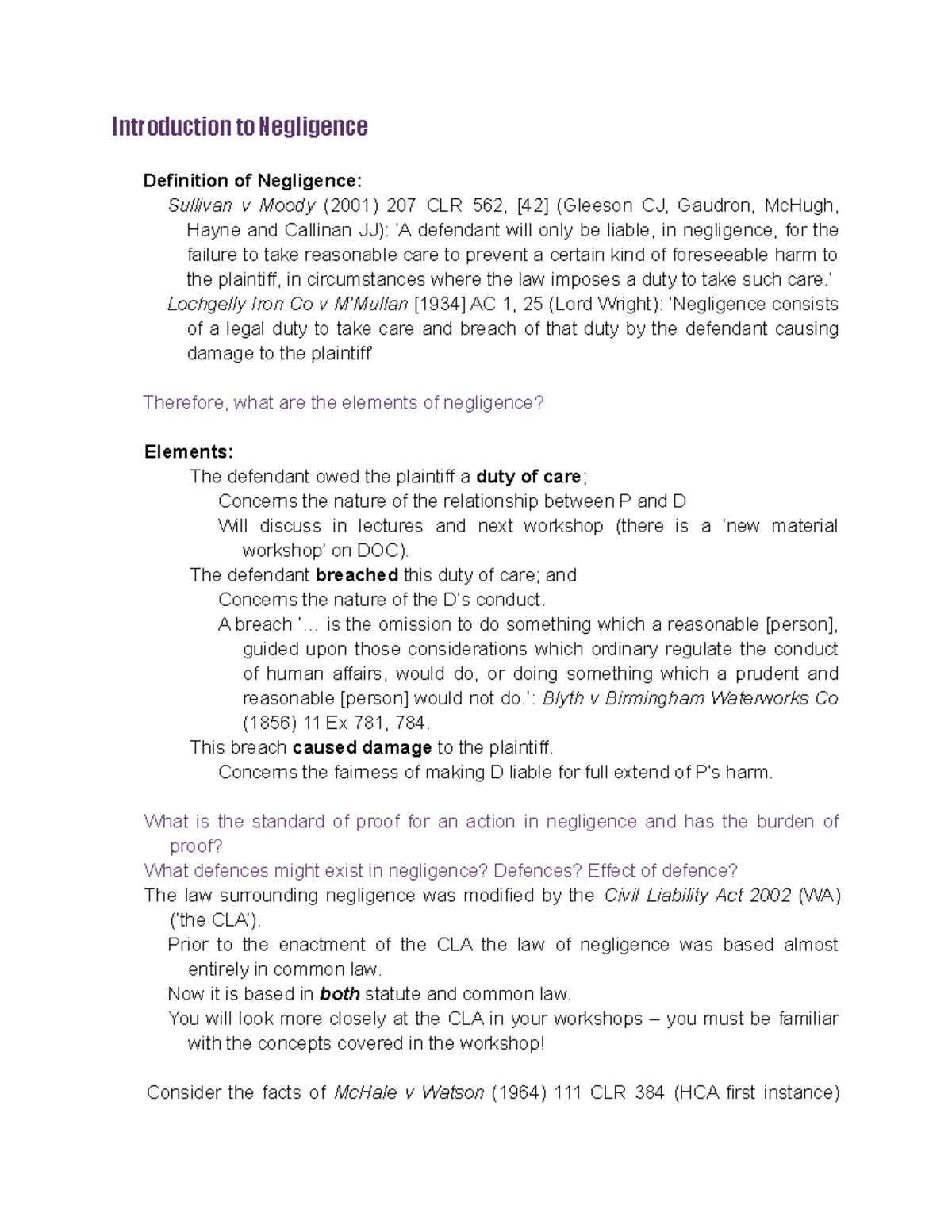 Introduction to Negligence Introduction to Negligence Definition of Negligence Sullivan v