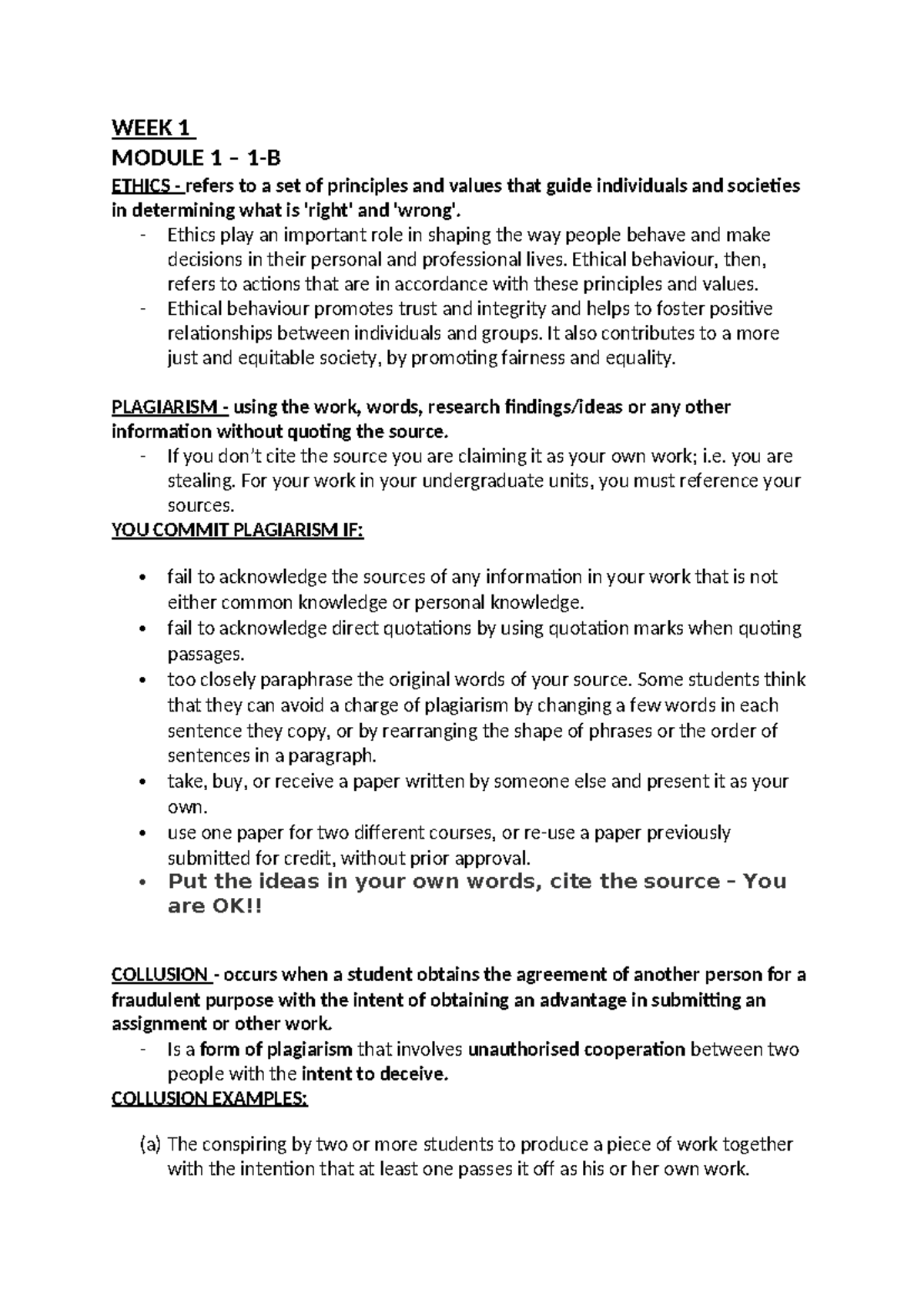 Ethics, etc - WEEK 1 MODULE 1 – 1-B ETHICS - refers to a set of ...