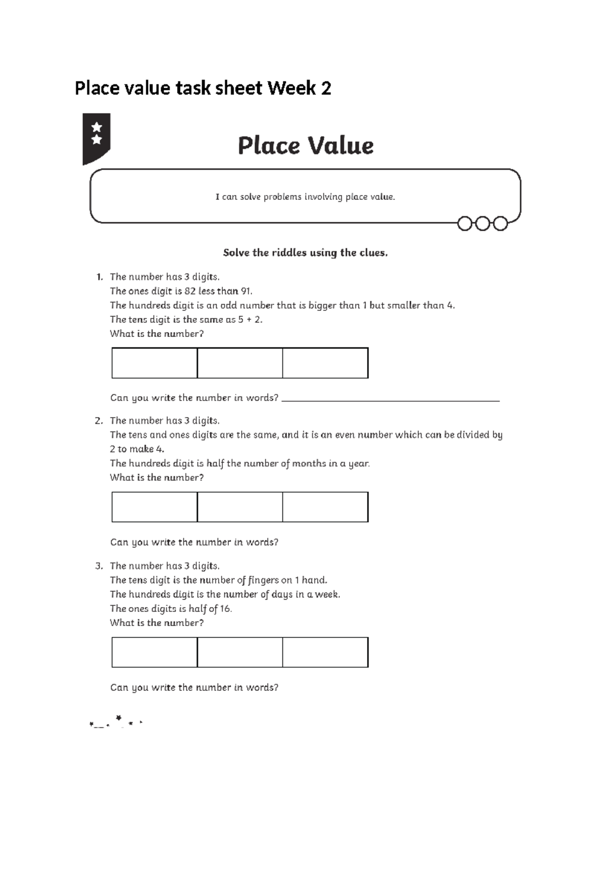 Place value Task sheet - Solve the riddles using the clues. 1. The ...