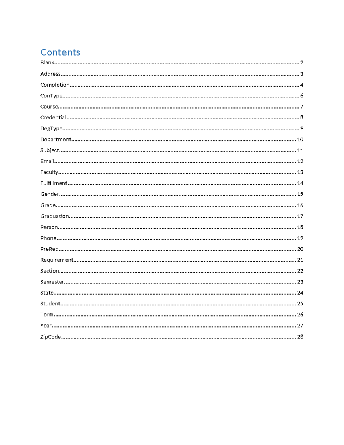 Data Dictionary - Contents - Studocu