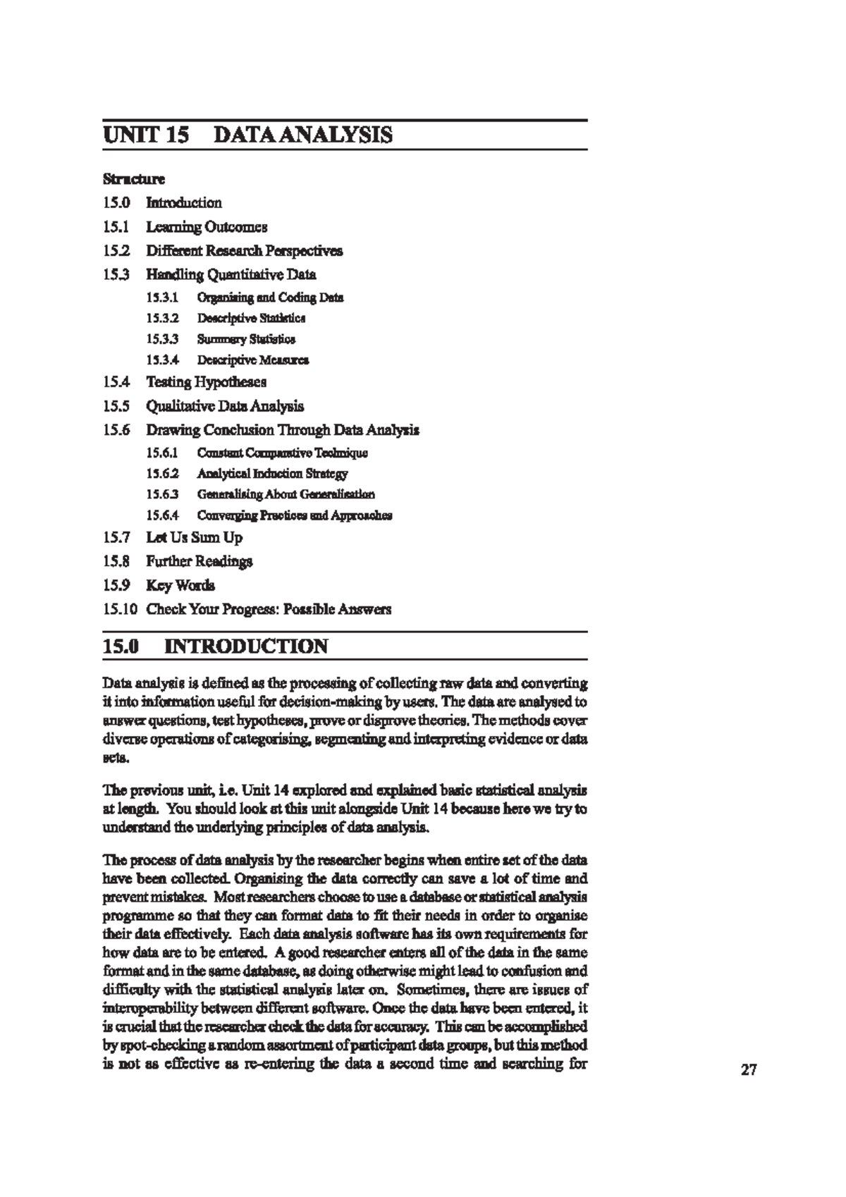 Unit 15 - Focuses on the concept of data analysis in research and the ...