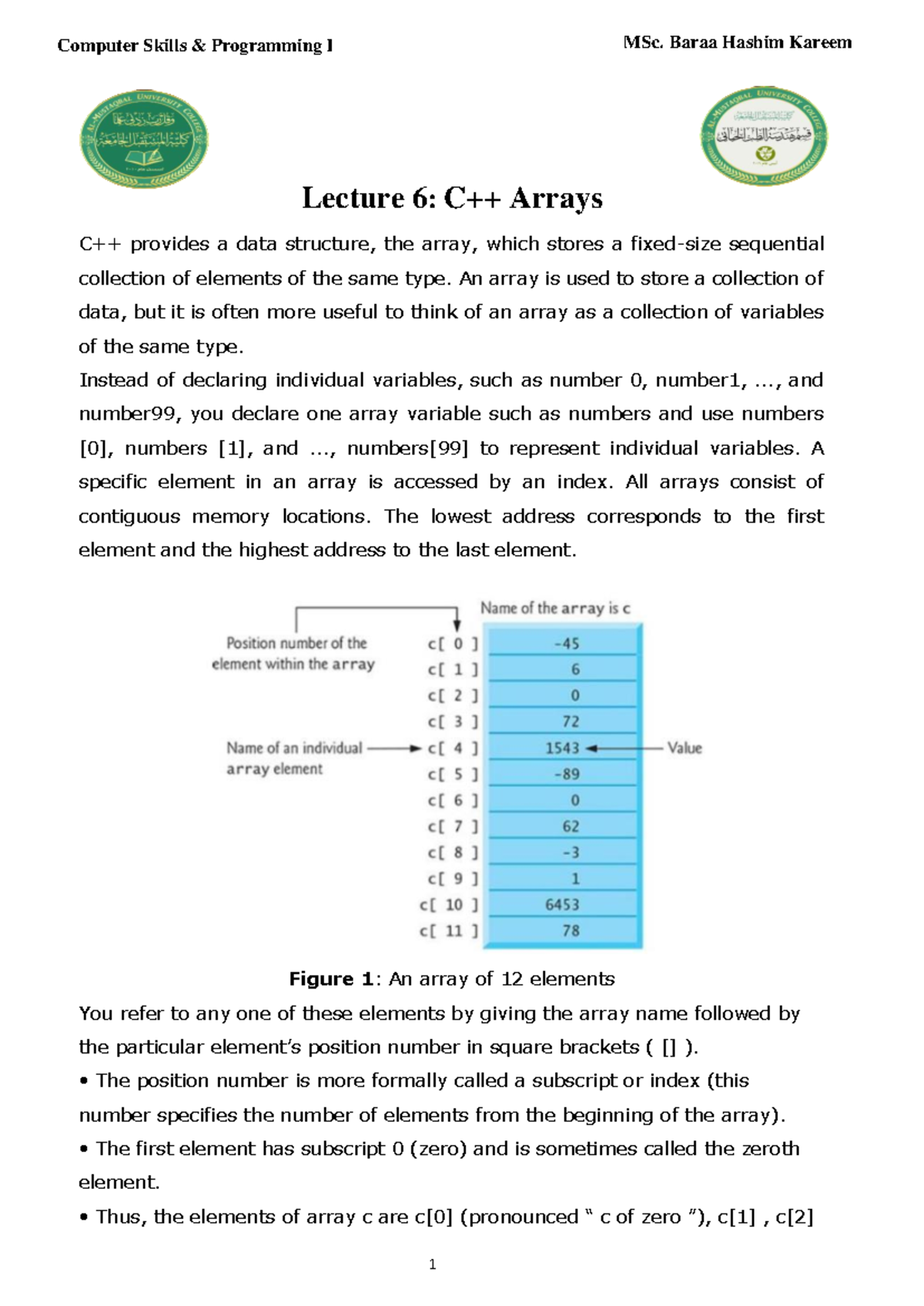 function in c++ programming - Lecture 6 : C++ Arrays C++ provides a ...