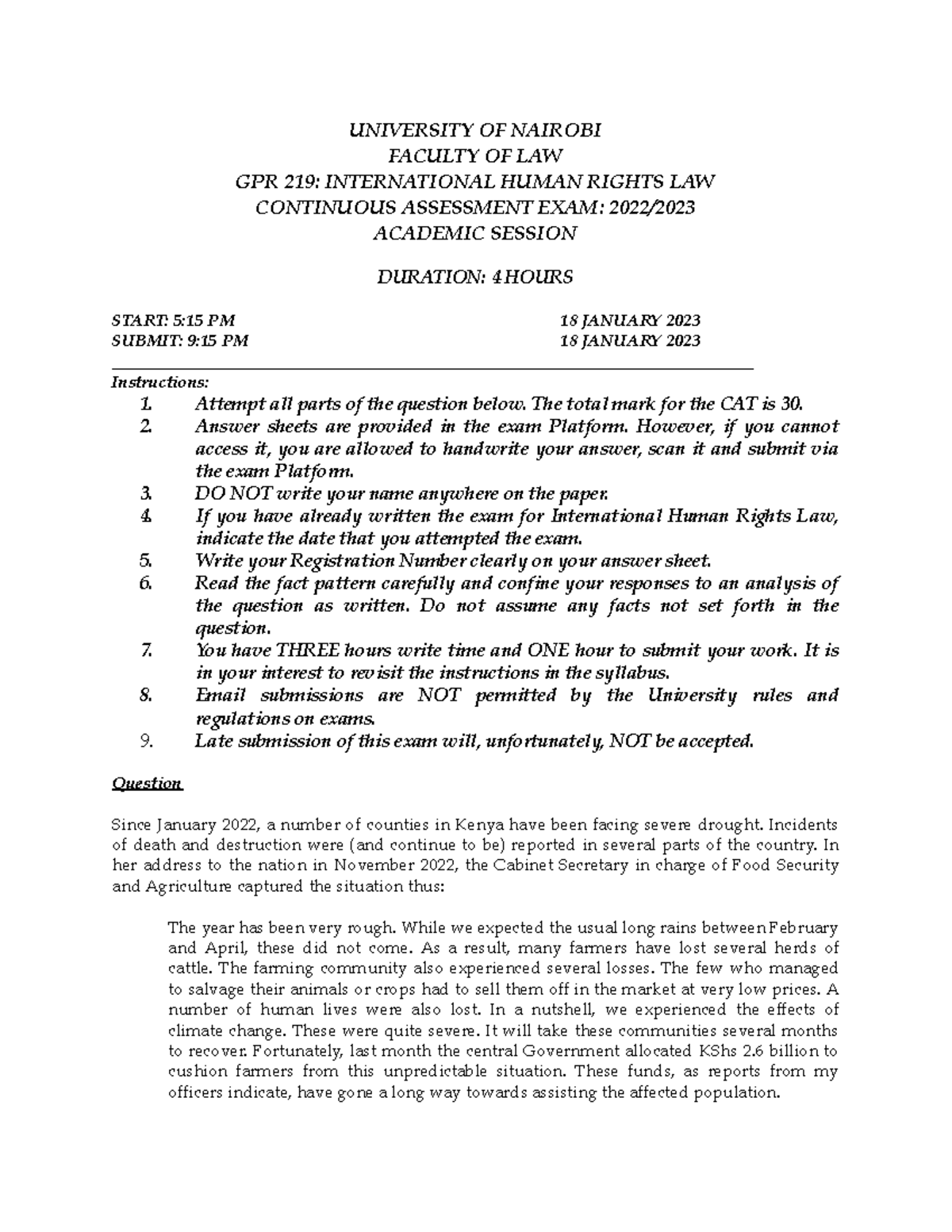 Question paper International Human Rights Law CAT. University of