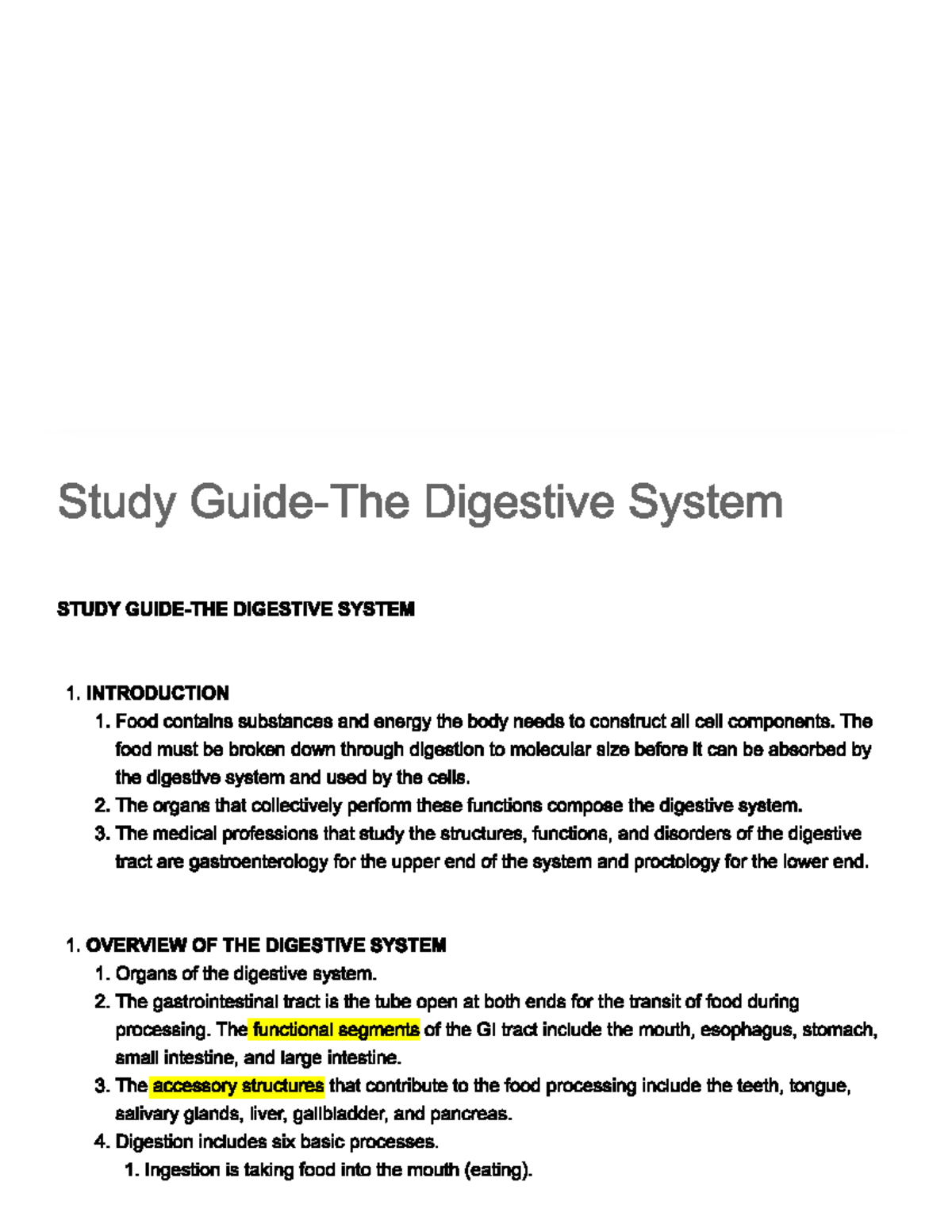 Study Guide - The Digestive System - BIOL 40C - Studocu