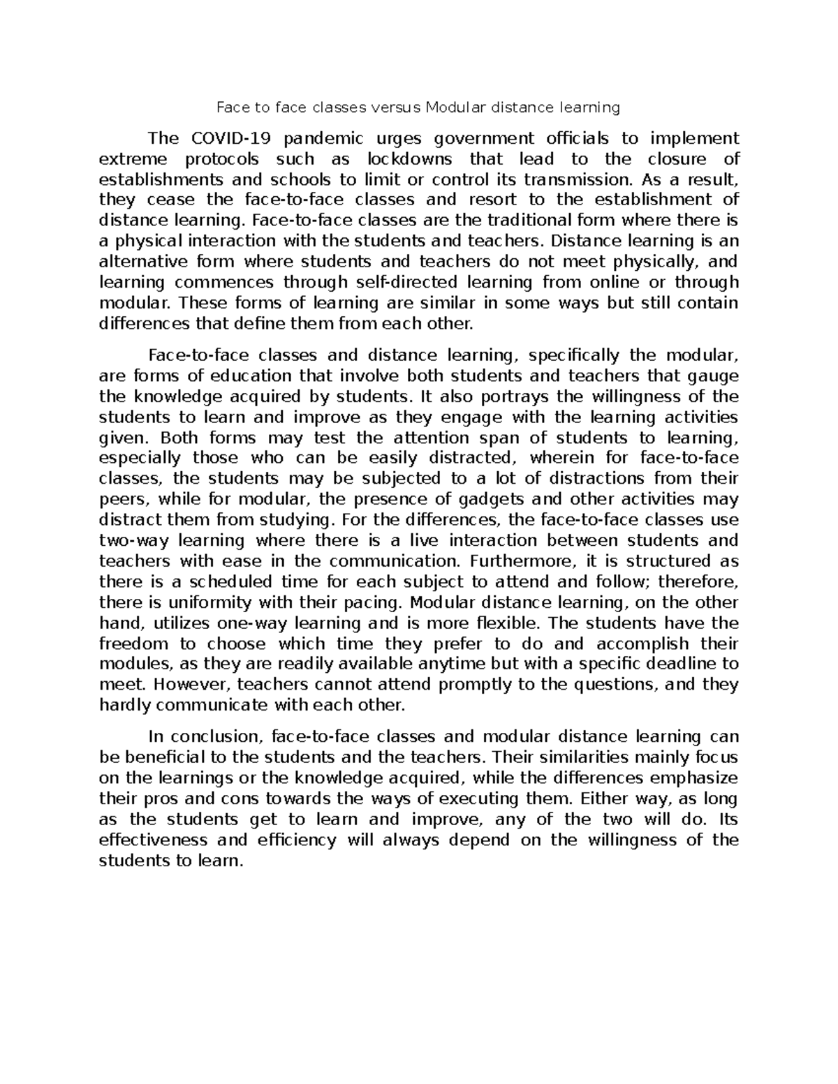 Face to face classes versus Modular distance learning Compare and