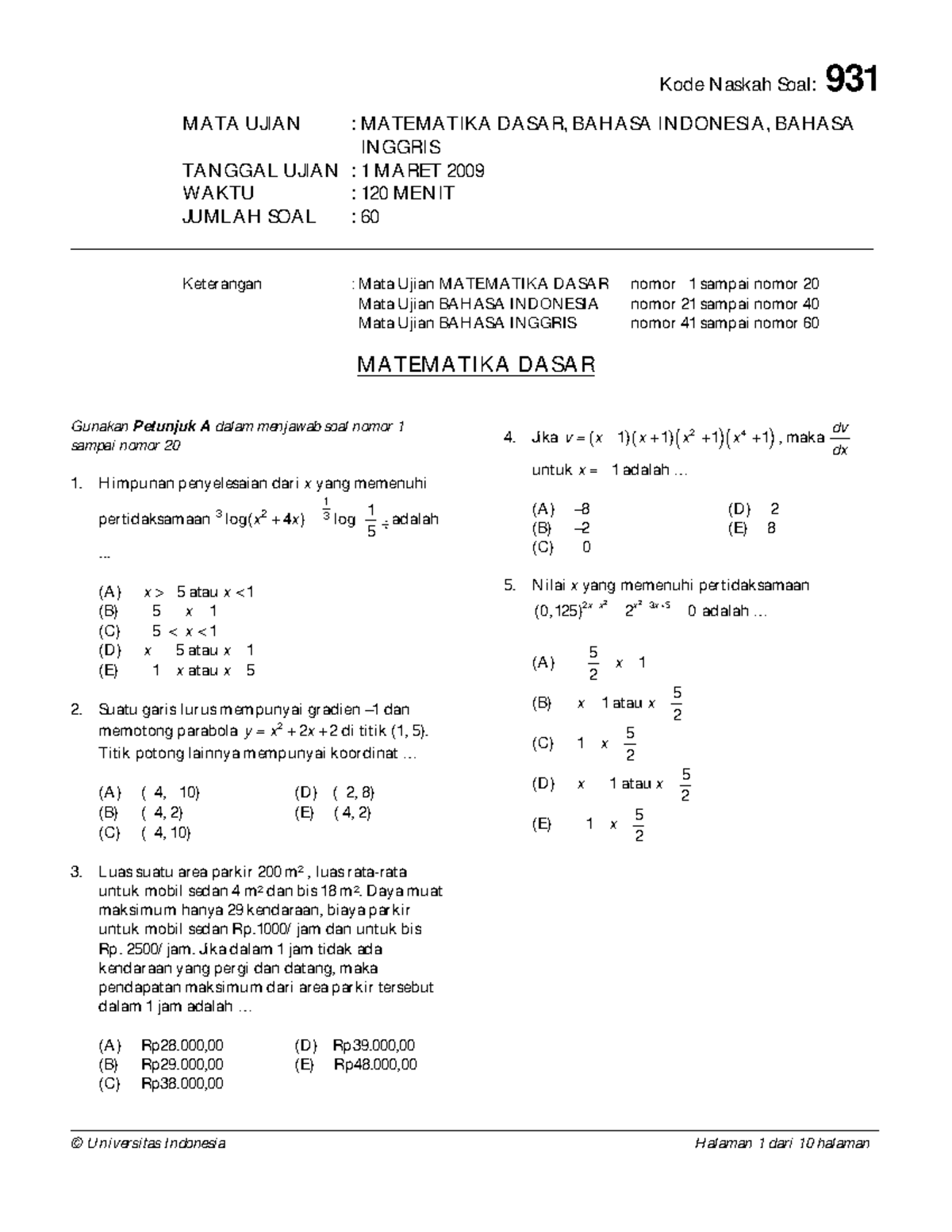 Soal Soal Simak UI 12 - MATA UJIAN : MATEMATIKA DASAR, BAHASA INDONESIA ...