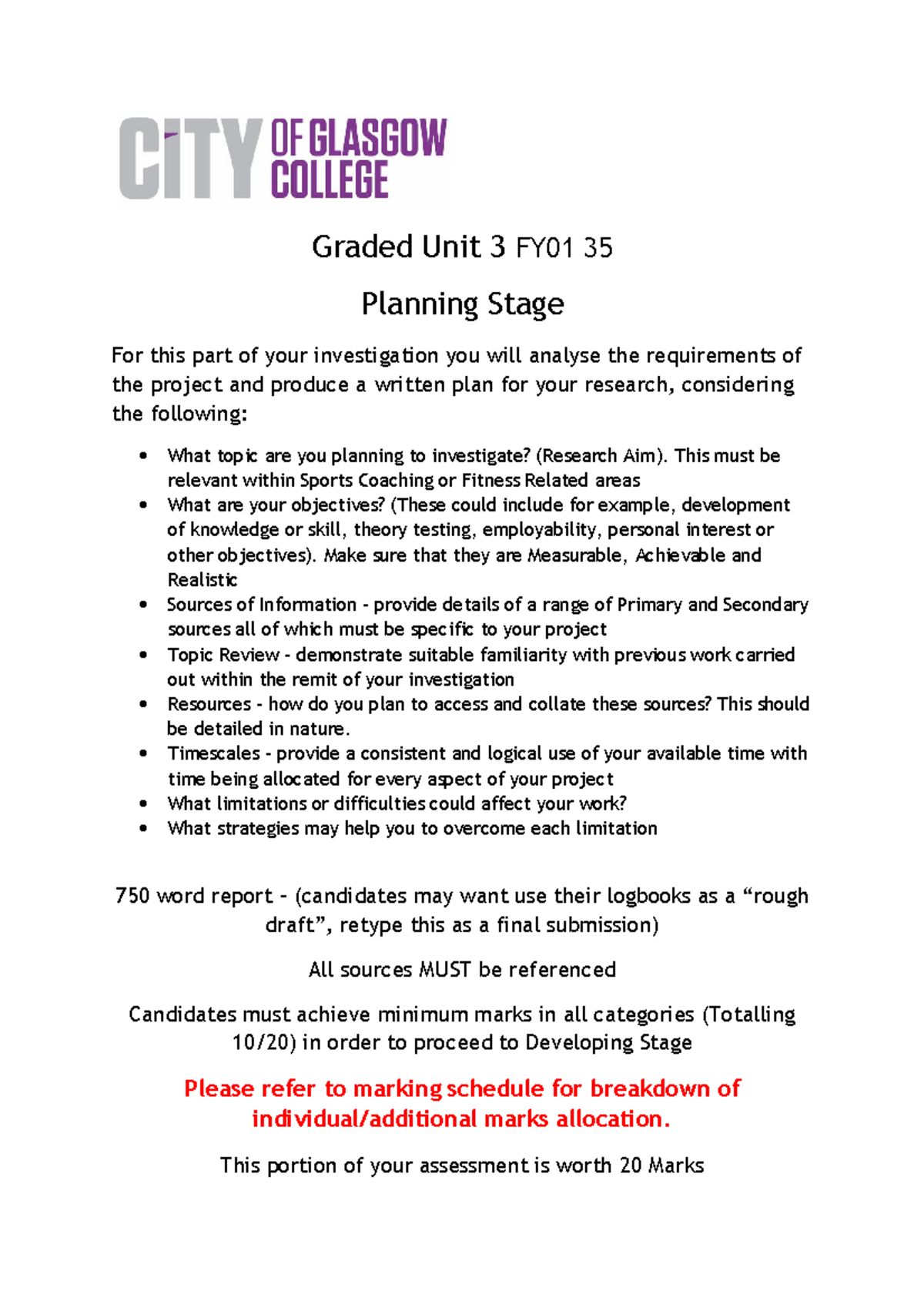 Criteria for Planning Stage - Graded Unit 3 FY01 35 Planning Stage For ...