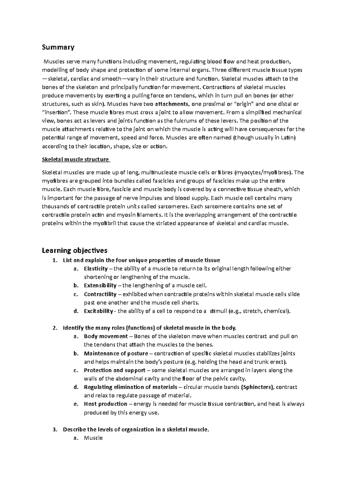 9, 10. Study Questions - Skeletal Muscles - Summary Muscles serve many ...