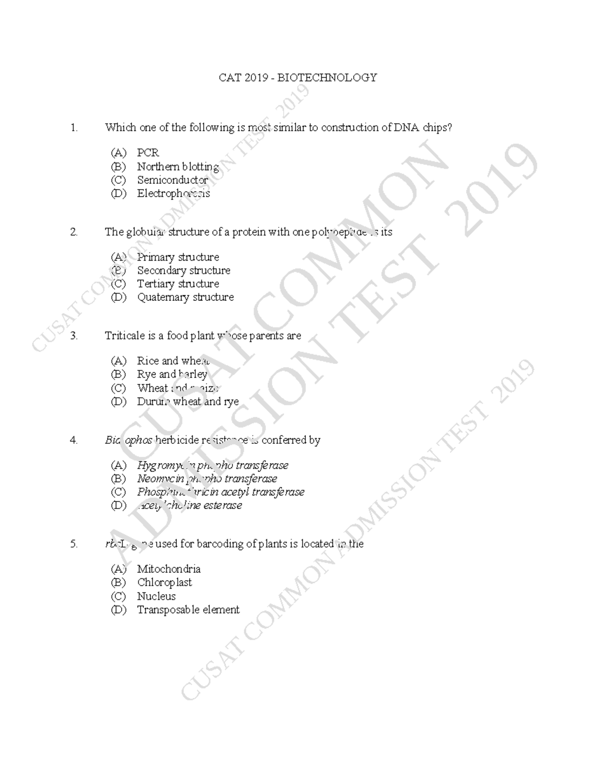CAT2019 Biotech - notes - CAT 2019 - BIOTECHNOLOGY 1. Which one of the ...